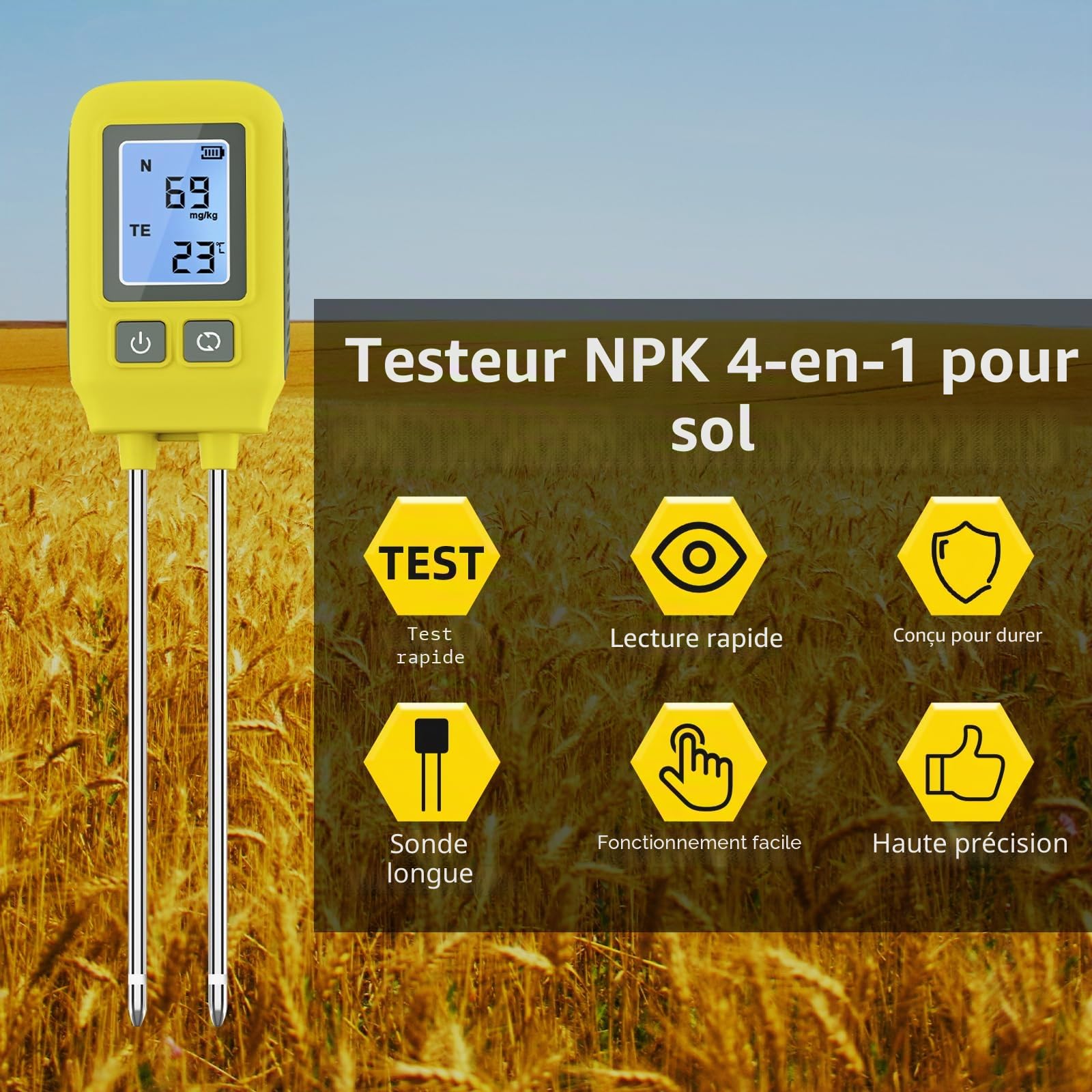 WingFly Testeur de sol 4 en 1 NPK - Instrument de mesure du sol P/N/K - Détecteur d'oligo-éléments - Testeur précis et réutilisable pour l'azote, le phosphore, le potassium et la température du sol