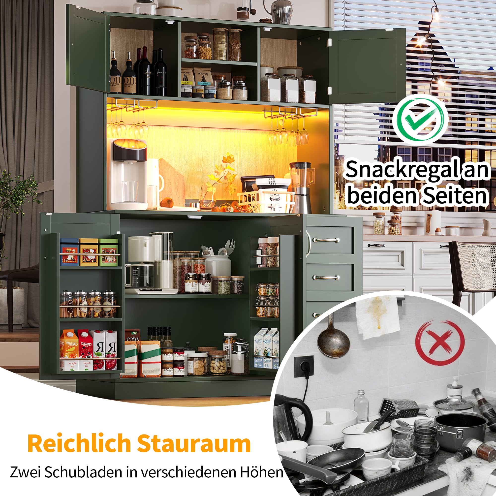 Küchenschrank Hochschrank mit Arbeitsplatte und LED-Licht, Küchenbuffet Buffetschrank mit Getränkehaltern und 4 Türen, Highboard Schrank mit Schubladen und Snackregal, Grün, 120x40x188 cm
