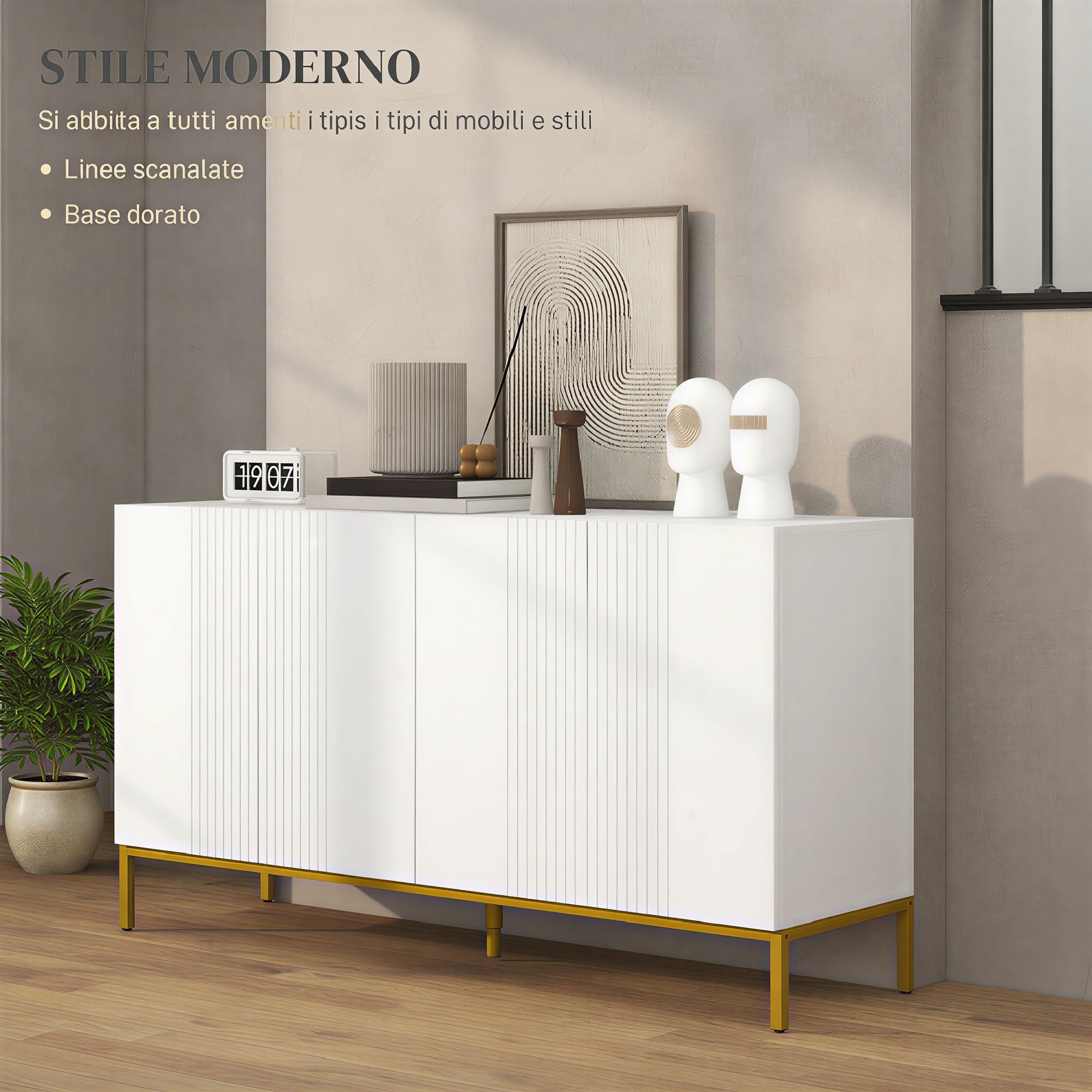 HOMCOM Credenza Moderna con 4 Ante e Mensole Regolabili Mobile da Soggiorno e Salotto con Chiusura Soft Close Bianco e Oro