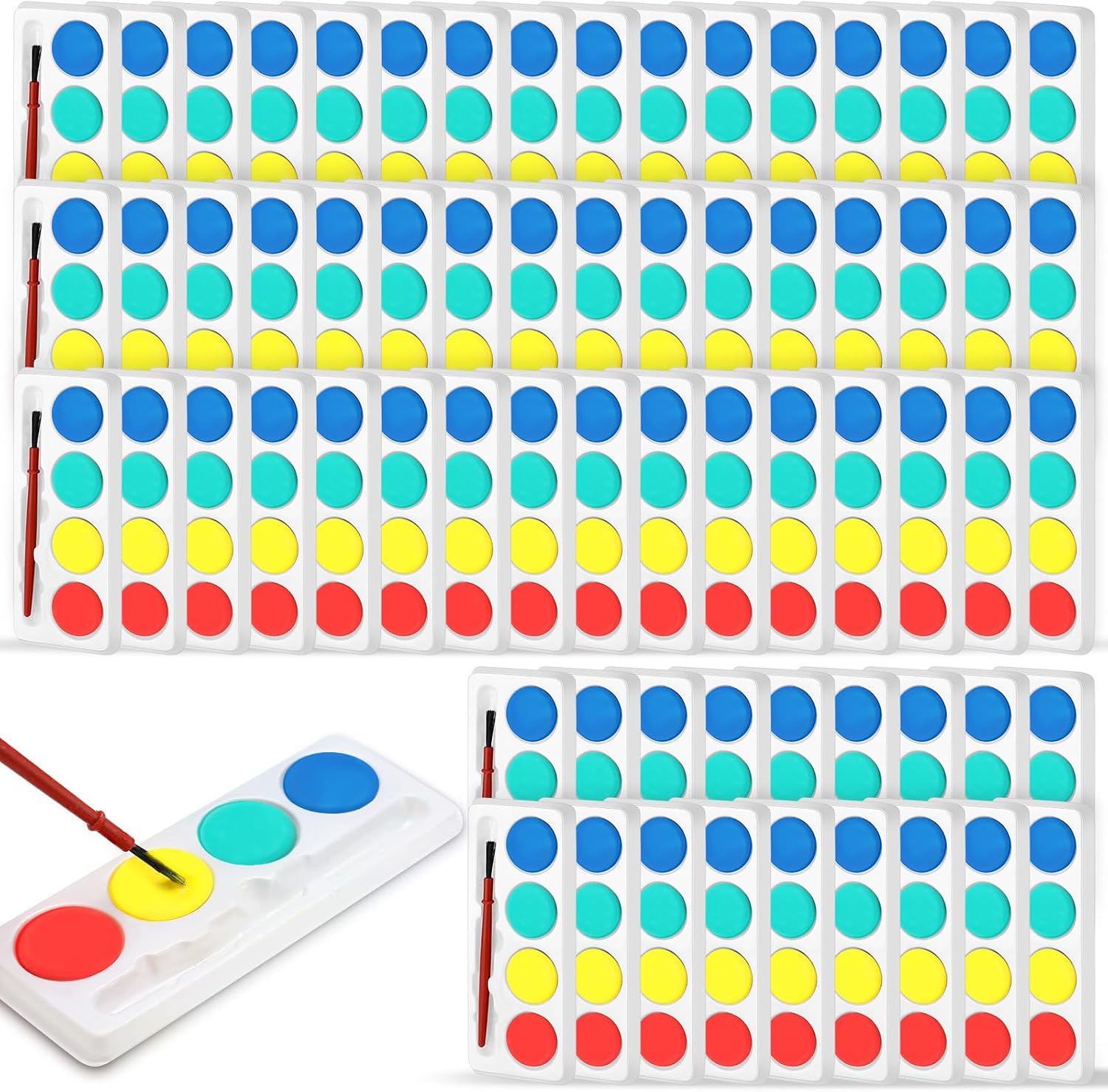 Motipuns 100 Pack Watercolor Paint Sets Mini Watercolor Bulk with Brushes 4 Colors Washable Paint Set Palette for Boys Girls Arts and Crsfts Classroom School Party Favors, 4.33 x 1.77 Inch