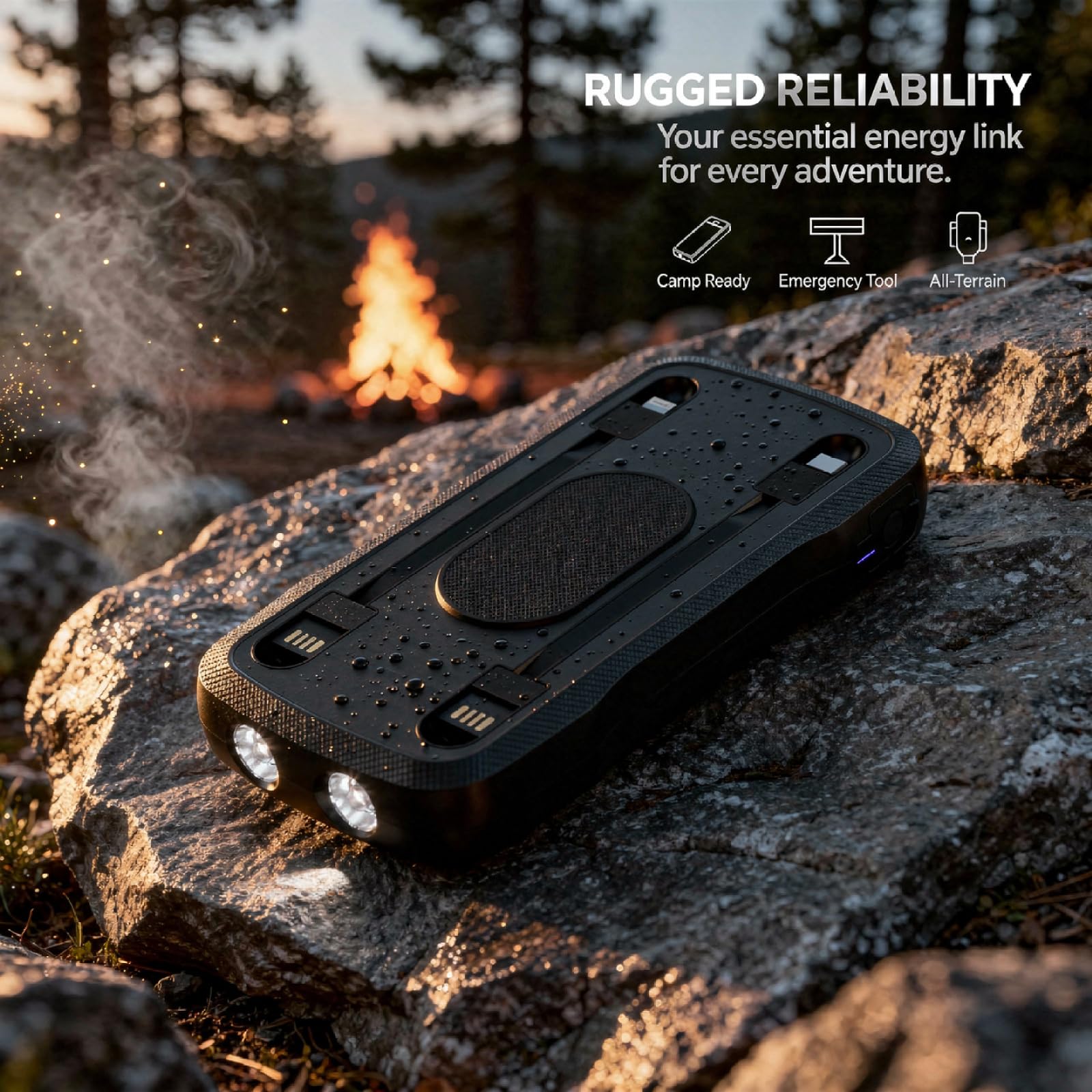 Power bank da 10000 mAh, caricatore portatile con ricarica wireless, doppia torcia a LED, accendifuoco esterno, design sottile, guscio in ABS di lunga durata, ideale per campeggio e uso di emergenza
