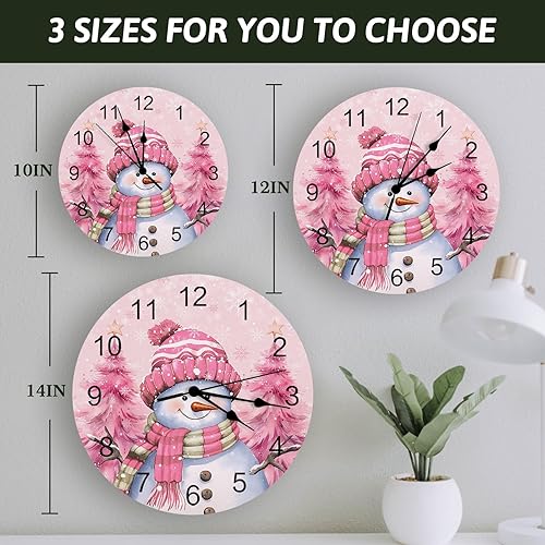 Miniatura 7 de Artwork Store Reloj de pared de Navidad silencioso de 10 pulgadas, con diseño de muñeco de nieve rosa, copo de nieve, funciona con pilas, elegante,