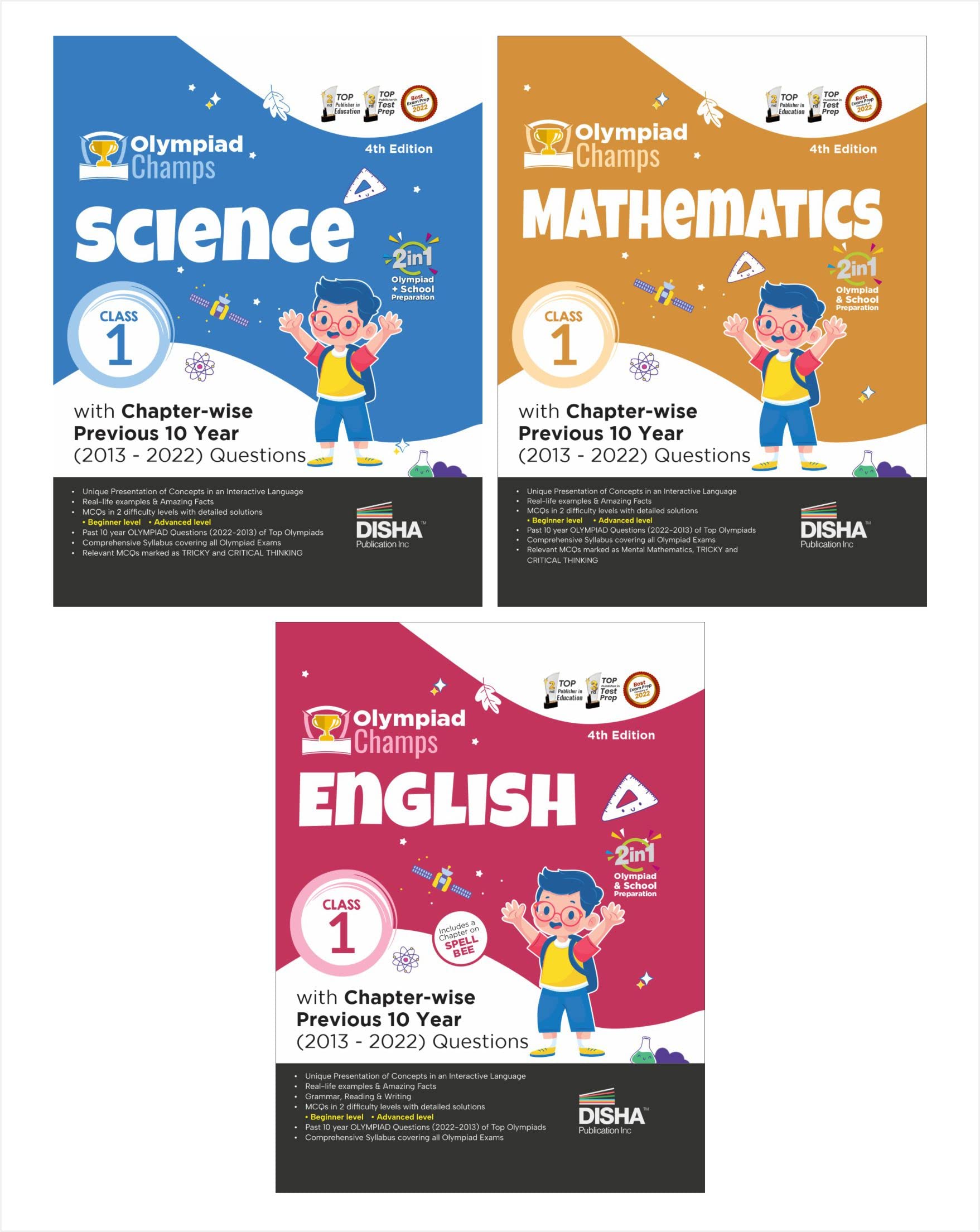 Class 1 Olympiad Champs Combo (set of 3 books) Science, Mathematics, English with Chapter-wise Previous 10 Year (2013 - 2022) Questions 4th Edition | Complete Prep Guide with Theory, PYQs, Past & Practice Exercise Paperback – 1 January 2023