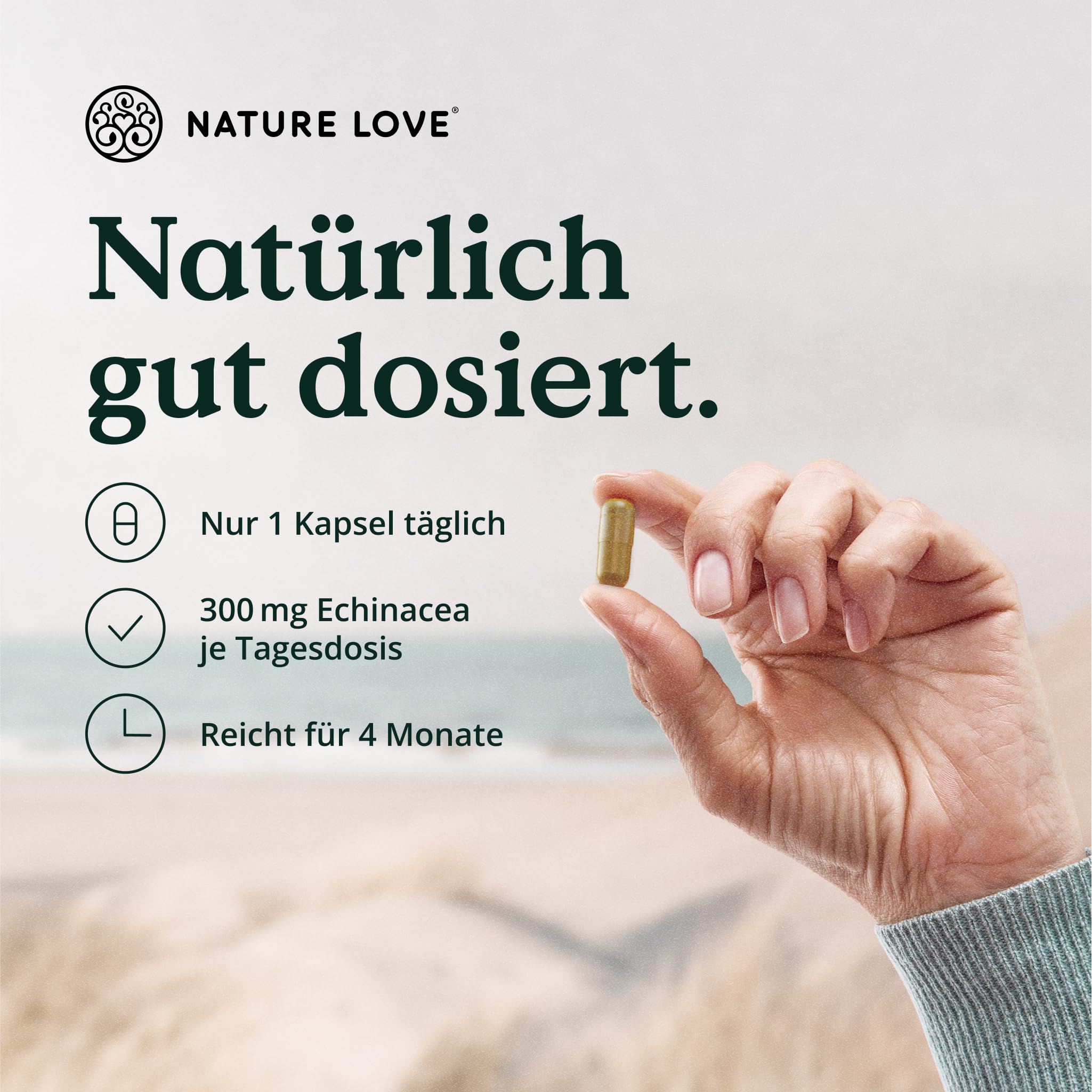 NATURE LOVE® Immun Komplex - 120 Kapseln - 4 Monate Reichweite - mit Echinacea-Extrakt, Vitamin C & D, Zink, Selen und Histidin - Immunsystem unterstützen* - hochdosiert, laborgeprüft aus Deutschland