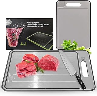 Tábua de cortar cozinha 4 em 1 alumínio e PP – Tábua de corte multifuncional e resistente: tábua de descongelação rápida, afiador de facas, prensador de alhos