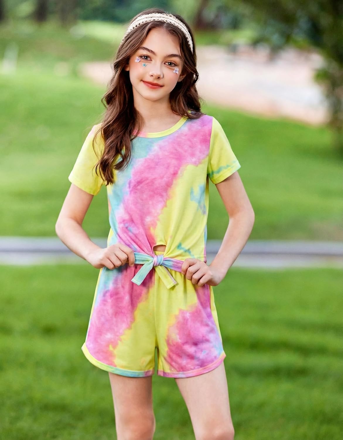 Arshiner Girls 2 Piece Outfits Summer Clothes Short Sleeve Tops and Paperbag Waist Shorts Set Cute Outfits 5-14 - Image 2