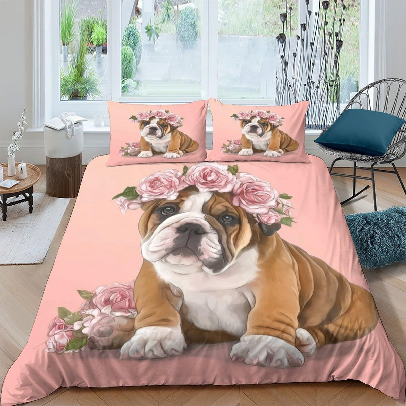Ctjqhvkz Style-5 3D Printed Bulldog Flower Fitted Sheet Microfiber Soft Pink Dog Mattress Cover For Bedroom Guest Room Decor Single（135X200cm）