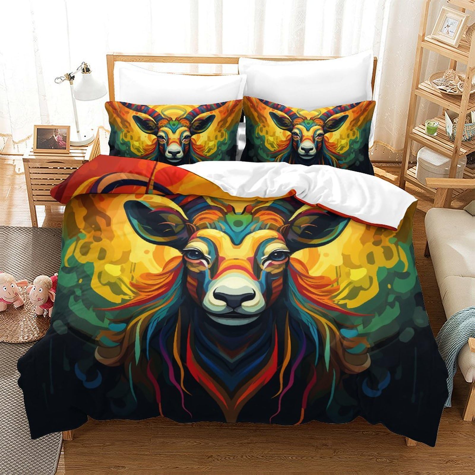 Housse de couette antilope 3D microfibre 200x200 cm avec 2 taies d'oreiller pour lit double