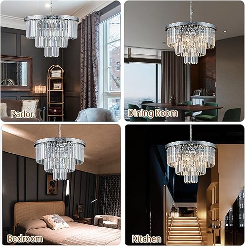 Miniatura 5 de Candelabro de cristal cromado de 20 pulgadas, lámpara moderna de 3 niveles, 6 luces colgantes, lámpara de techo de cristal, lámpara redonda para