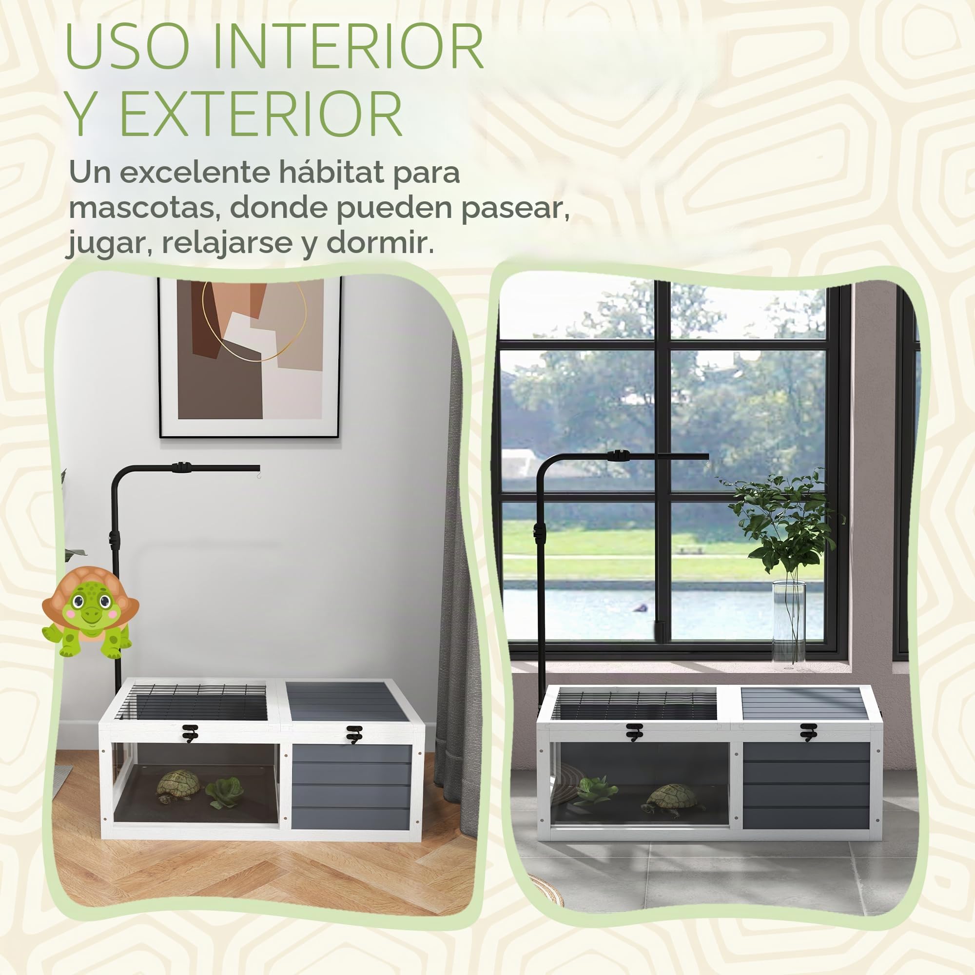 PawHut House - Jaula para tortugas de tamaño pequeño con 2 espacios, portalámparas ajustable, 2 bandejas deslizantes, 81 x 48 x 31,5 cm, madera maciza gris