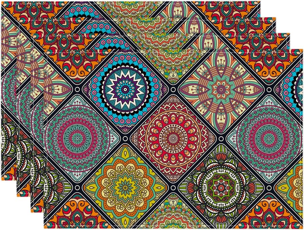 Artoid Mode Boho Vintage Geometric Moroccan Colourful Mandala Placemats Set of 4, 30x45 cm Table Mats for Party Kitchen Dining Decoration