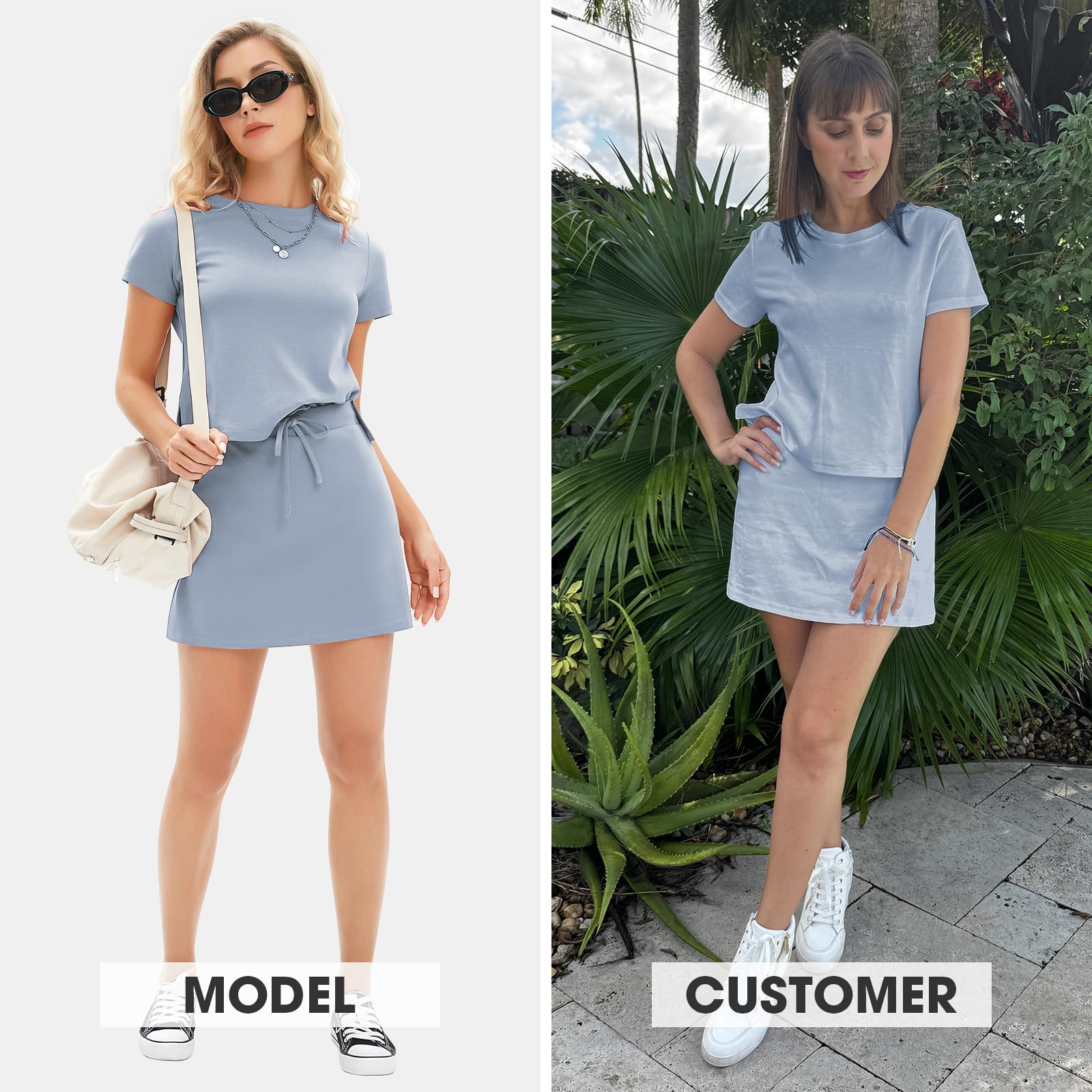 EXLURA Conjunto de falda corta de verano de 2 piezas para mujer, camiseta de manga corta a juego, falda de tenis a juego, trajes elegantes de algodón para viajes y vacaciones