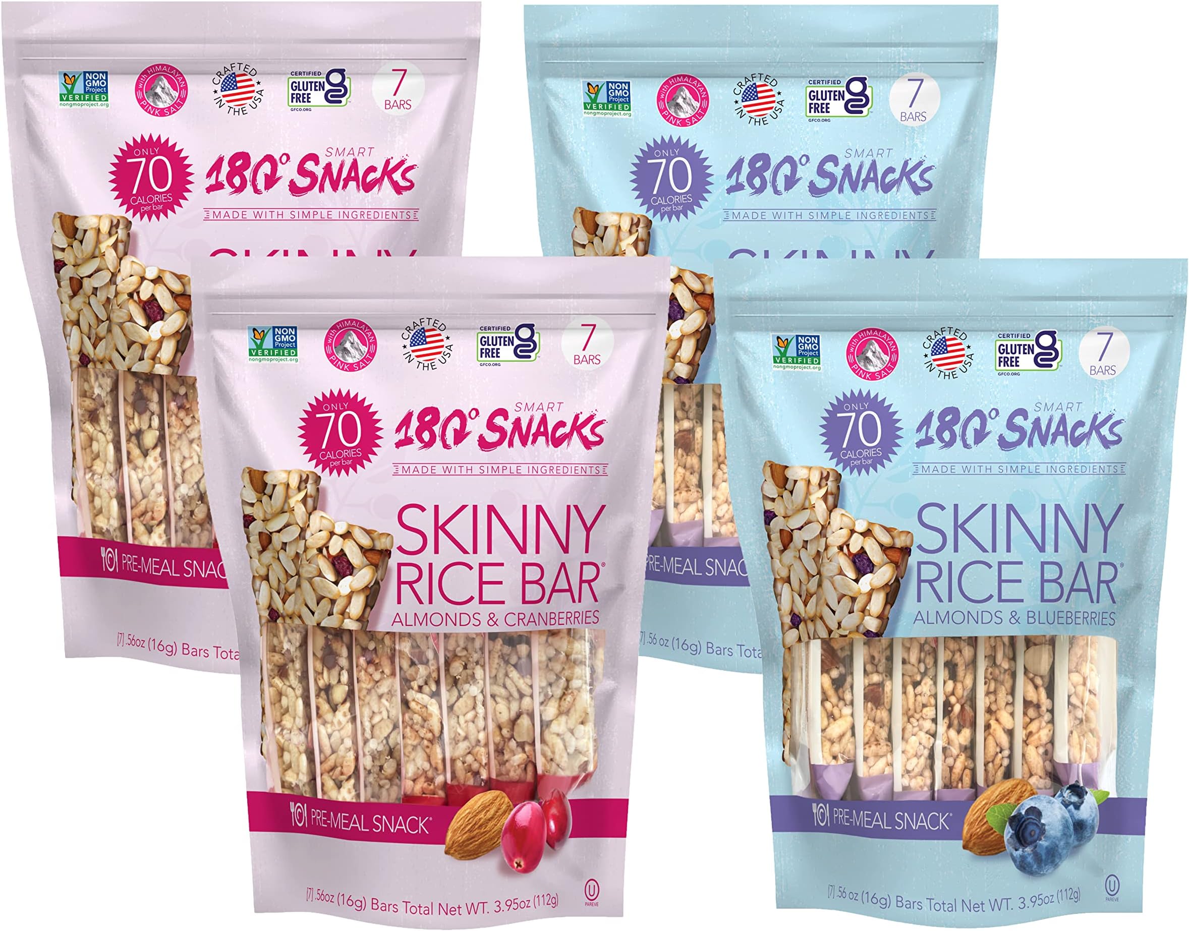 Skinny Rice Bars Bundle - Cranberry + Blueberry - Rice Bars with Almonds and Himalayan Salt - Low Calorie Snacks, Only 70 Calories - Non Gmo, Gluten-free Snacks for Weight Loss - 28 Count