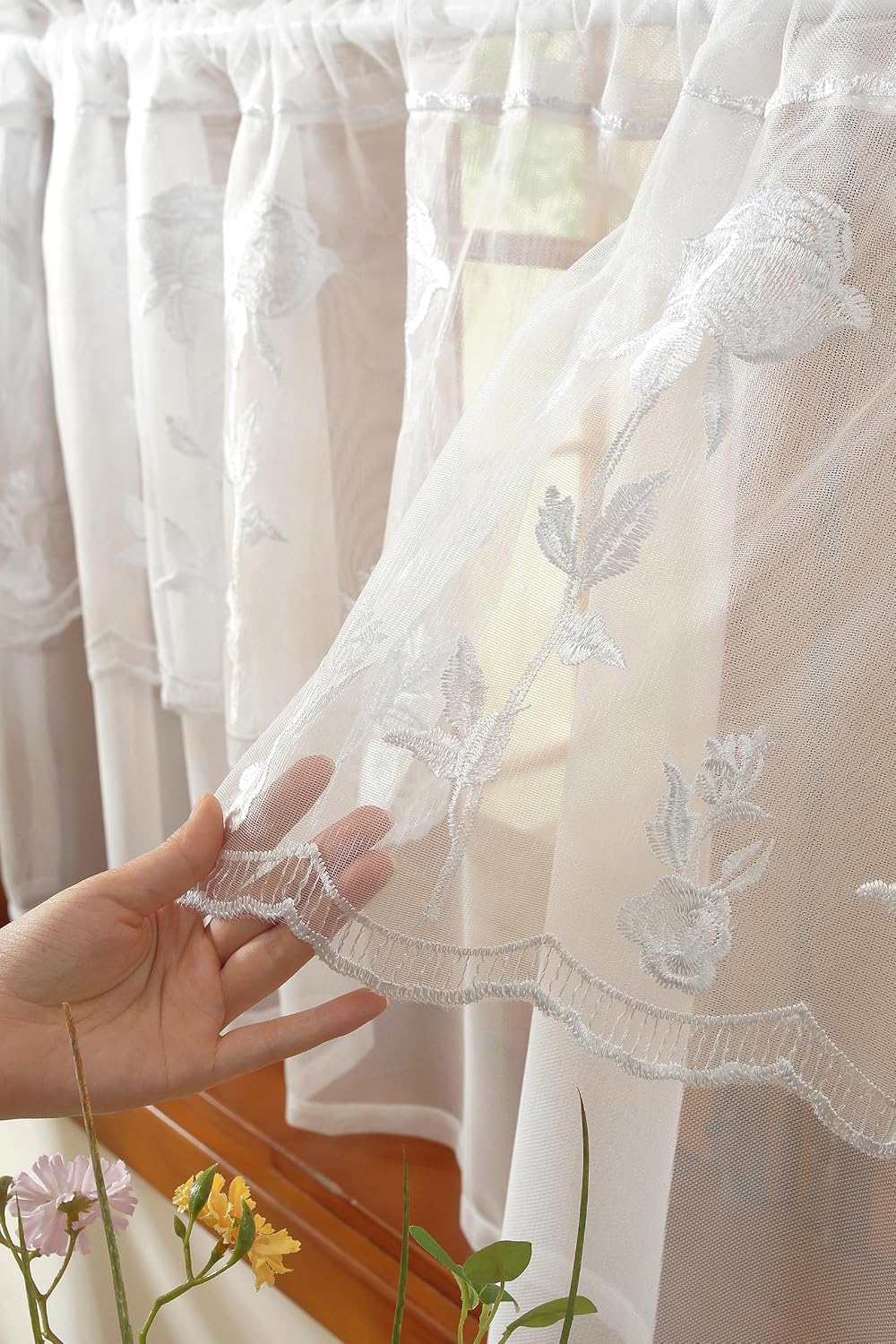 2 Panels White Rose Sheer Valances for Windows Double-Layered Lace Floral Embroidered Kitchen Curtains Over Sink Cafe Curtain, Window Short Small Drapes(White,78"x18")