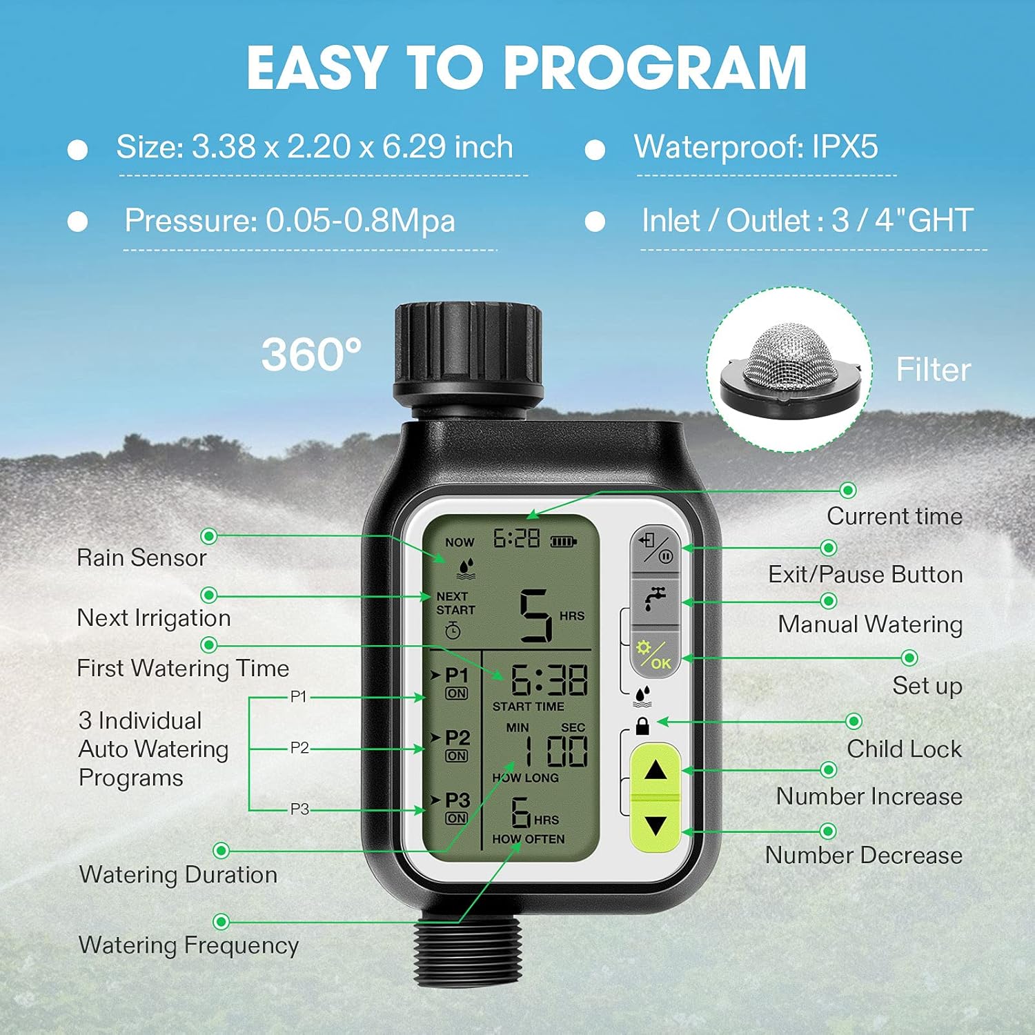 VIVOSUN Automatic Water Timer, 3 Separate Irrigation Programs, Water Sprinkler Timer w/ Rain Sensor/Child Lock/Auto & Manual Watering Modes, Hose Timer for Outdoor Faucet, Drip Irrigation, Lawn Care : Patio, Lawn & Garden