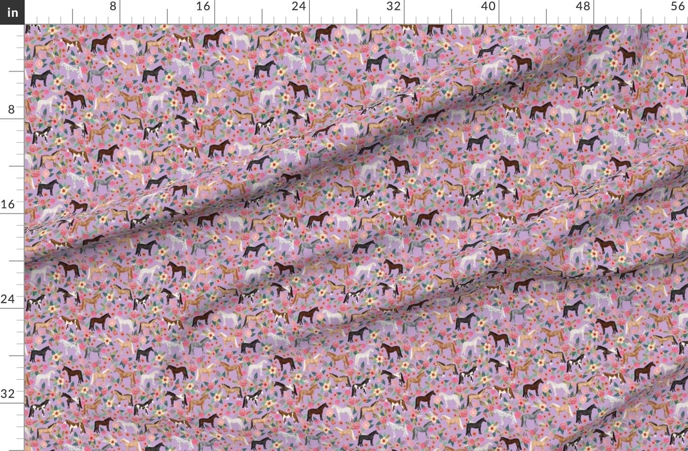 Spoonflower Fabric - Horse Multi Floral Horses Purple Farm Animal Cowboy Pet Portrait Printed on Polartec(R) Fleece Fabric by The Yard - Sewing Blankets Loungewear and No-Sew Projects