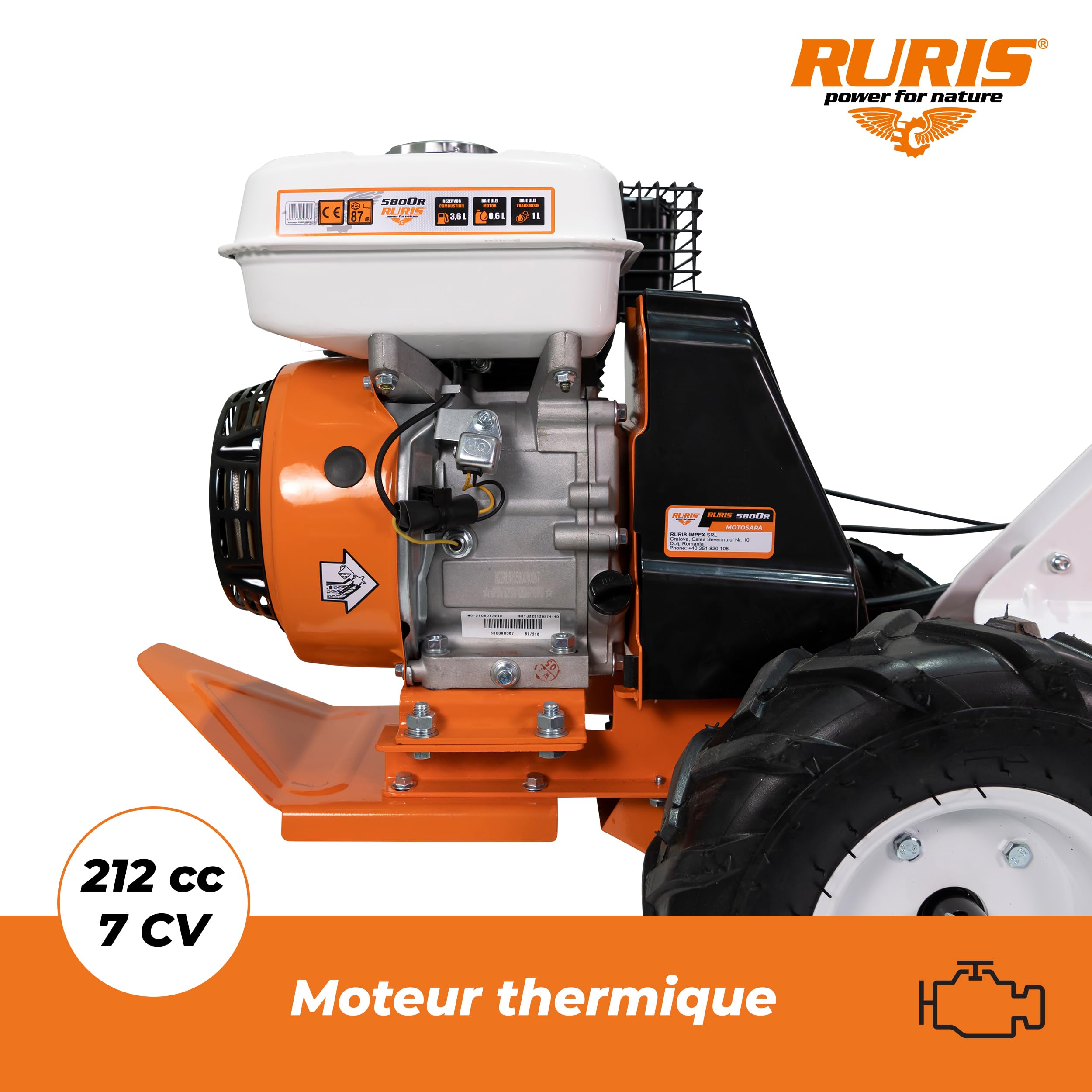 RURIS 5800r, Motobineuse Rotofraise Arriere de 480mm, Ideale pour des Serres et Solariums, Orange