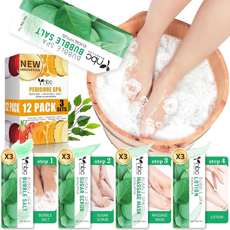 Kit de pedicura para remojo de pies: sal de burbujas, exfoliante de azúcar, mascarilla de masaje, loción de masaje en una caja, kit de spa para pies de 4 pasos para pies secos, pies cansados ​​(3 juegos de eucalipto)