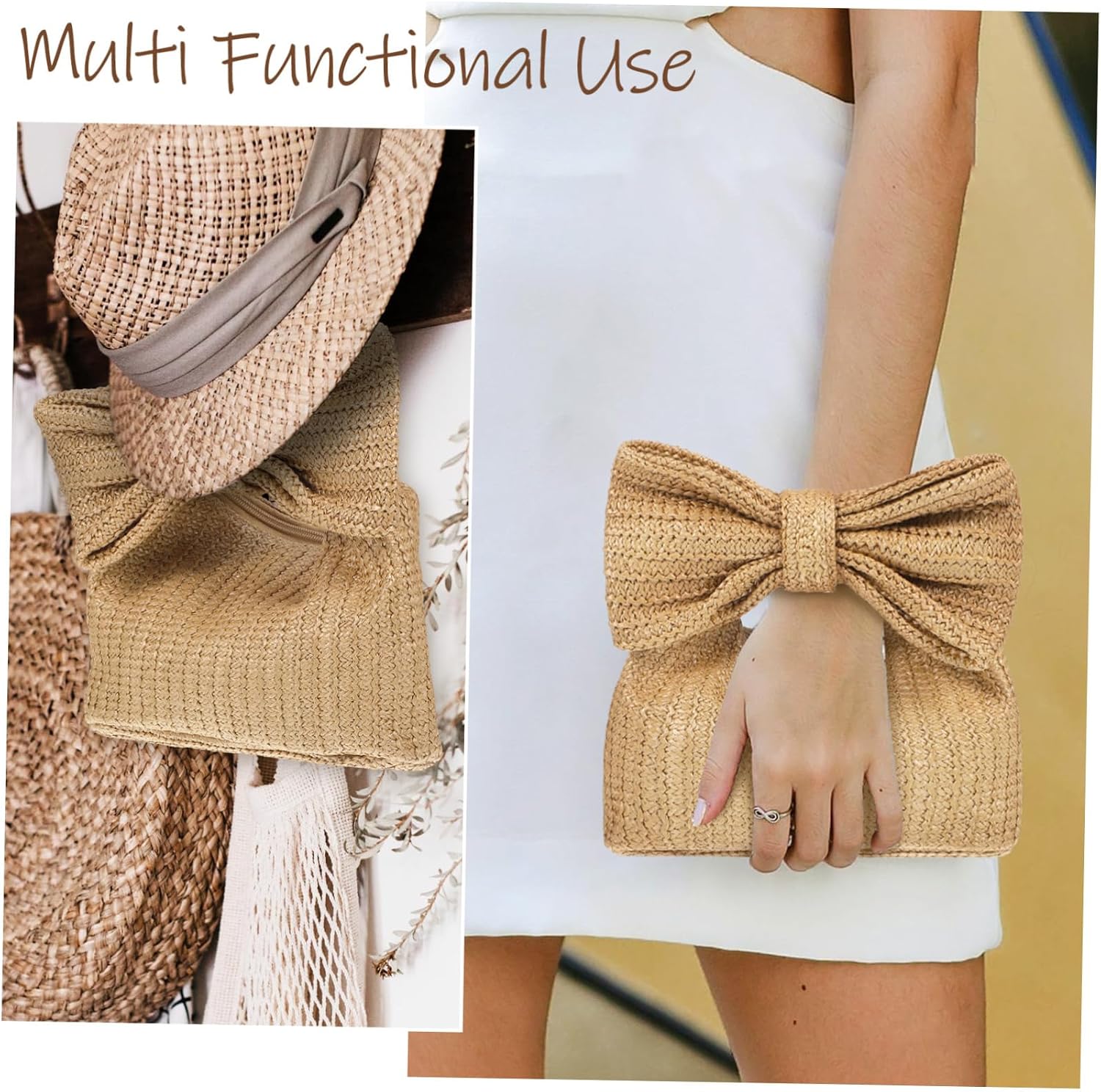 FRCOLOR Bow Straw Clutch Purse for Women Woven Straw Handbag Summer Beach Bag Detachable Strap Chic Style for Travel and Outings