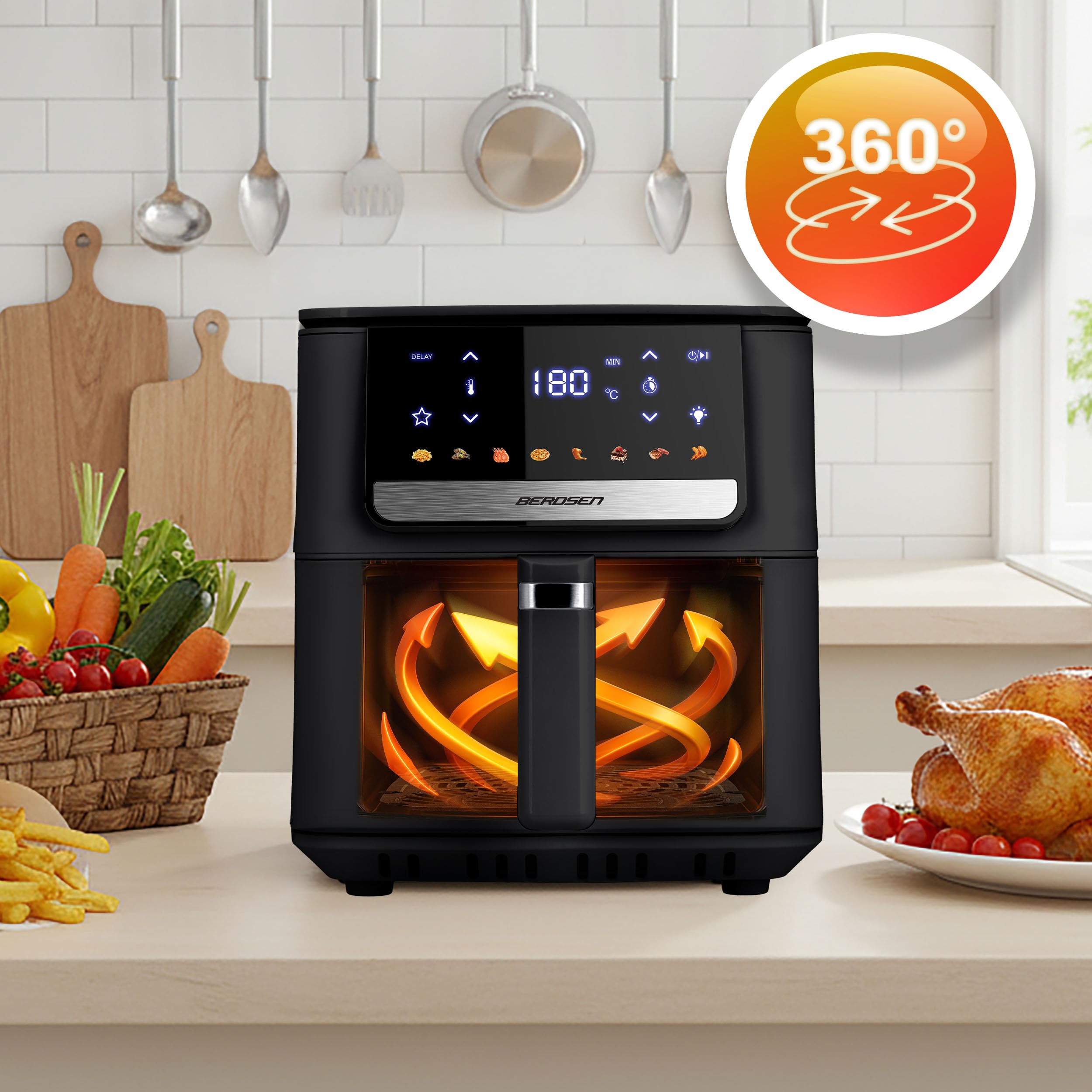 Berdsen Frytkownica Beztłuszczowa Airfryer - 1700 W 6,5 l - Frytkownica na Gorące Powietrze - 8 Programów - Ekran Dotykowy - Czarna
