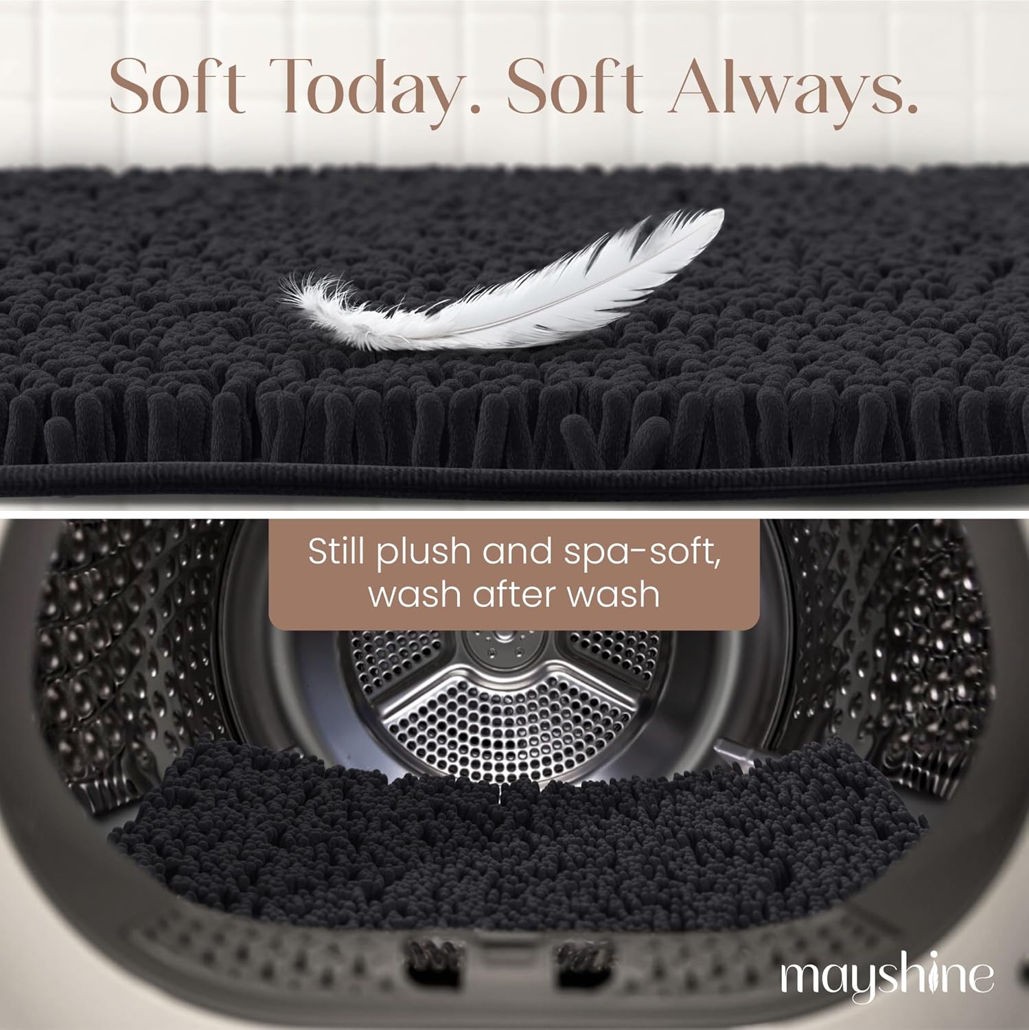 MAYSHINE Plush Shaggy Chenille Bath Mat | Extra Soft, Super Absorbent, Non-Slip Bathroom Rug | Fluffy Microfiber, Area Rug Sets for Bathroom Floor, Kitchen, Living Room | 23"x14" | Black - Image 5