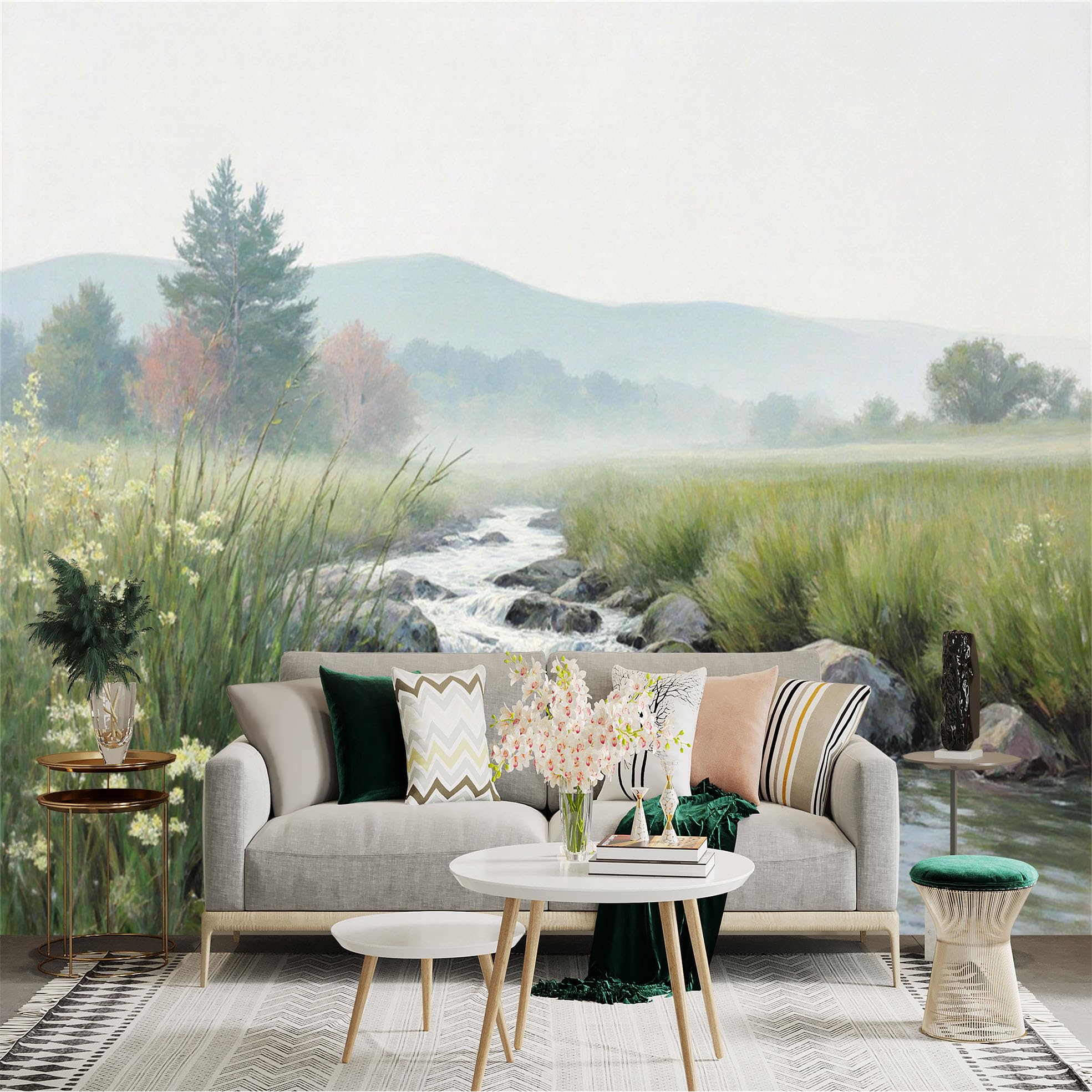 Lnzczhyre Xc260505076 Custom Size Wall Sticker Mural， Misty Creek In Meadow， Peaceful Mountain Stream， Wildflowers And Rolling Hills， Serene Nature Scenery， For Wall Decoration， Peelandstick Wall Decals.