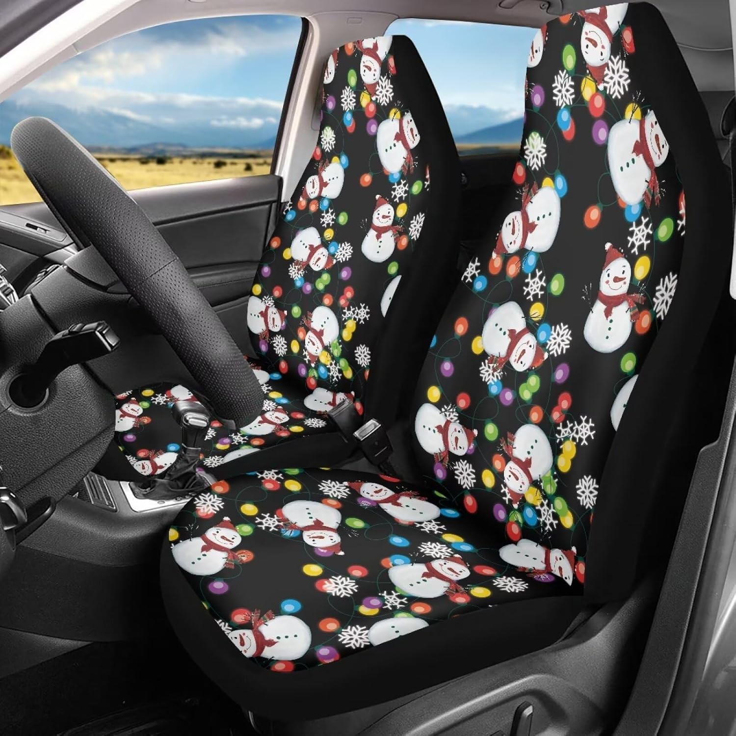 Bulopur Christmas Snowman Car Seat Cover for Front Seat, Automotive Seat Covers Accessories, Breathable Front Car Seat Cover Pack of 2 Car Seat Protector Cushion Pad Mat Easy to Install