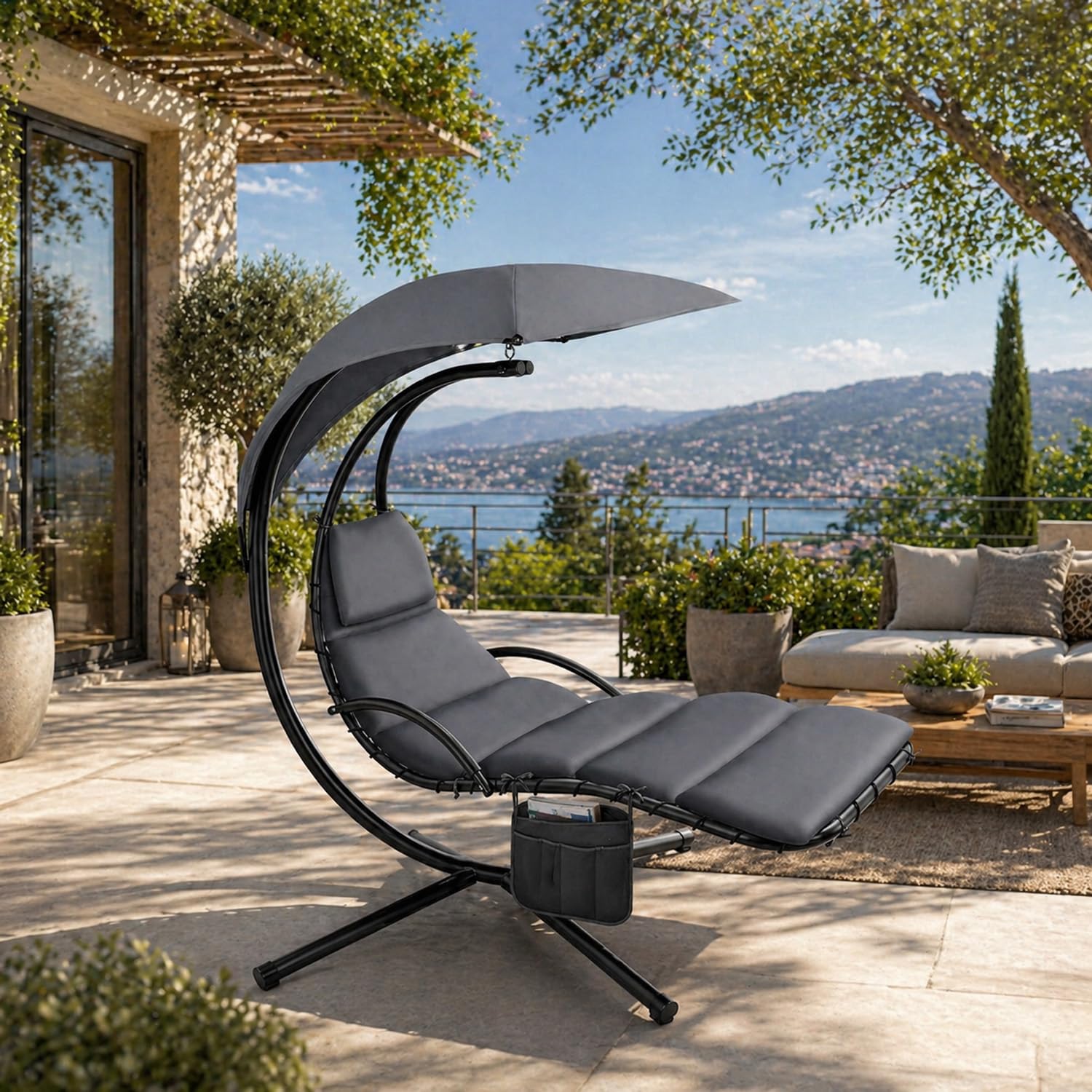 BRICOZONE Sdraio a Dondolo Sospesa con Ombrellone Parasole Integrato Cuscino Imbottito Amaca da Giardino in Acciaio e Poliestere per Esterno Terrazzo Bordo Piscina 195 x 132 x 197 cm Grigio