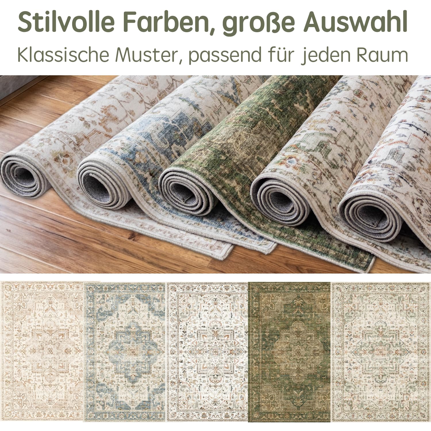 Vintage Waschbarer Teppich Wohnzimmer Dunkelgrün ⌀160 cm