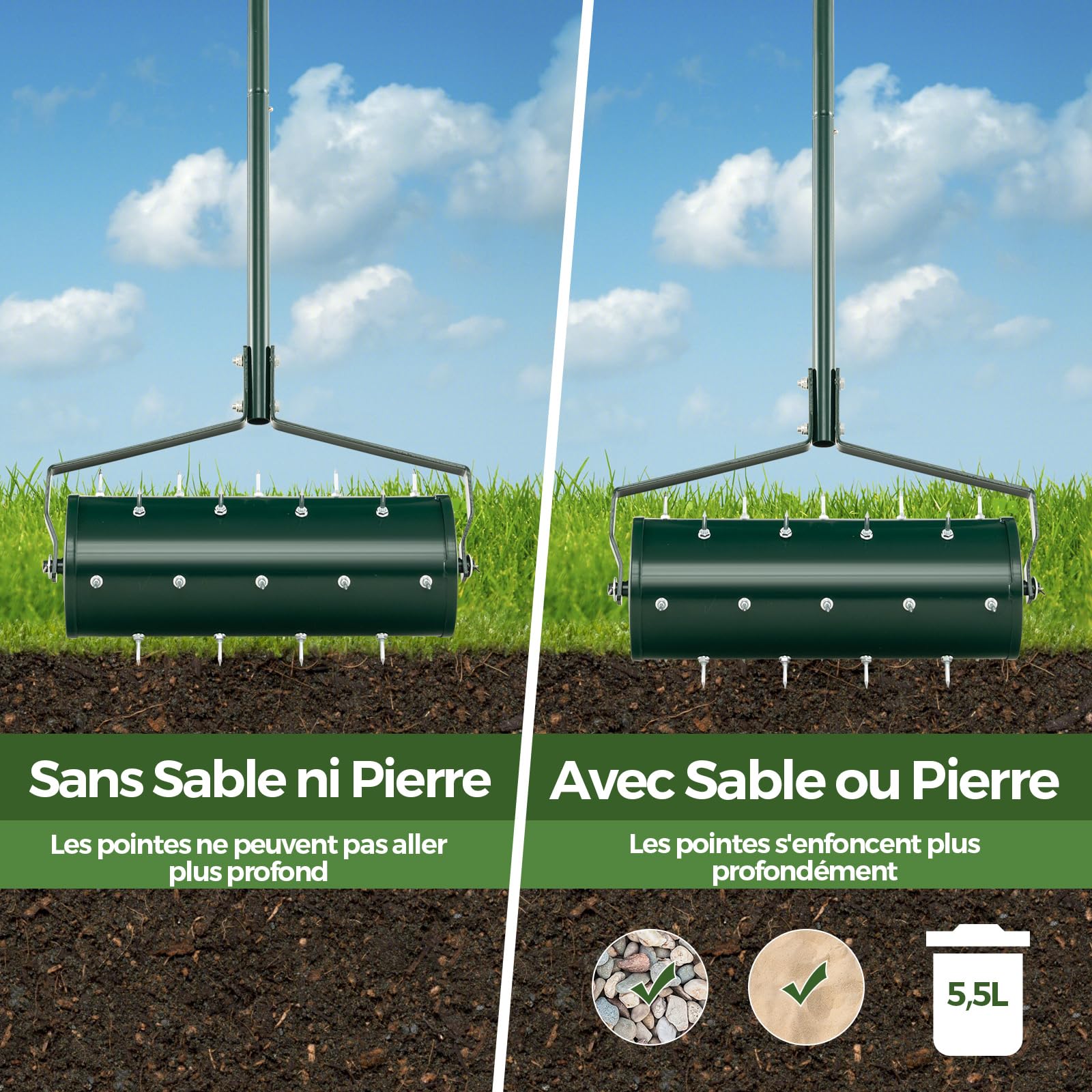 RELAX4LIFE Scarificateur Gazon Manuel 45CM avec Poignée &Rouleau à Pointes Rotatives, Rouleau Aérateur Gazon de Pelouse en Métal pour Jardin Cour Patio (5.5L | 45x130CM, Vert)