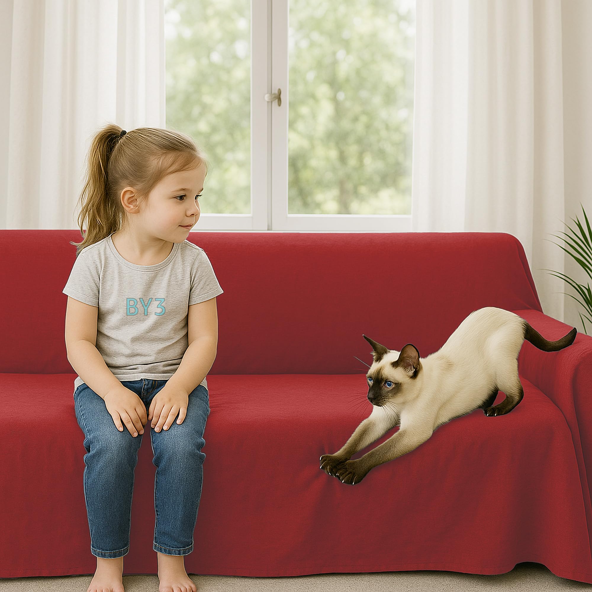 Byour3 - Funda De Sofá 3 2 4 1 Plazas 100% Algodón Puro Ligero Rectangular Tela Sofa Cubre Todo Recubrimiento Sofás También por Forma de L U Chaise Longue Derecho Izquierdo (Rojo, 2 Plazas)