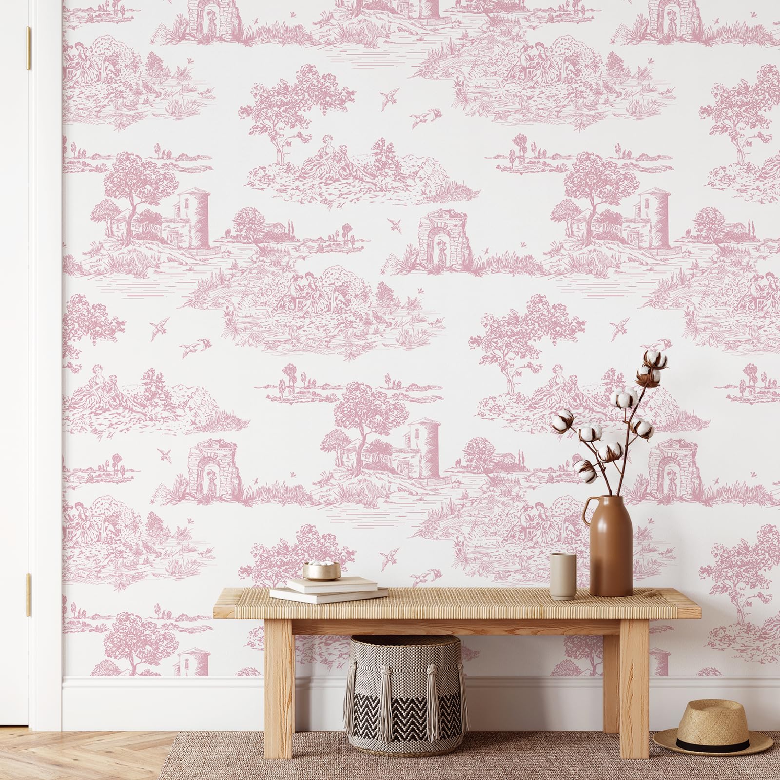 WENMER Pink Toile Peel & Stick Wallpaper for Bedroom, Self-Adhesive White and Pink Vintage French Country Wallpaper for Girls Room, Toile Contact