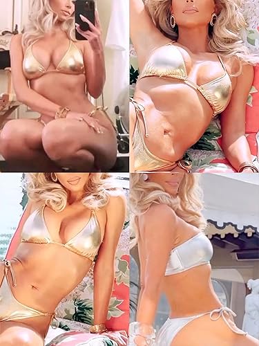 Miniatura 7 de Bikini metálico para mujer - Traje de baño retro brillante plateado dorado traje de baño triángulo, parte inferior de tanga con lazo lateral