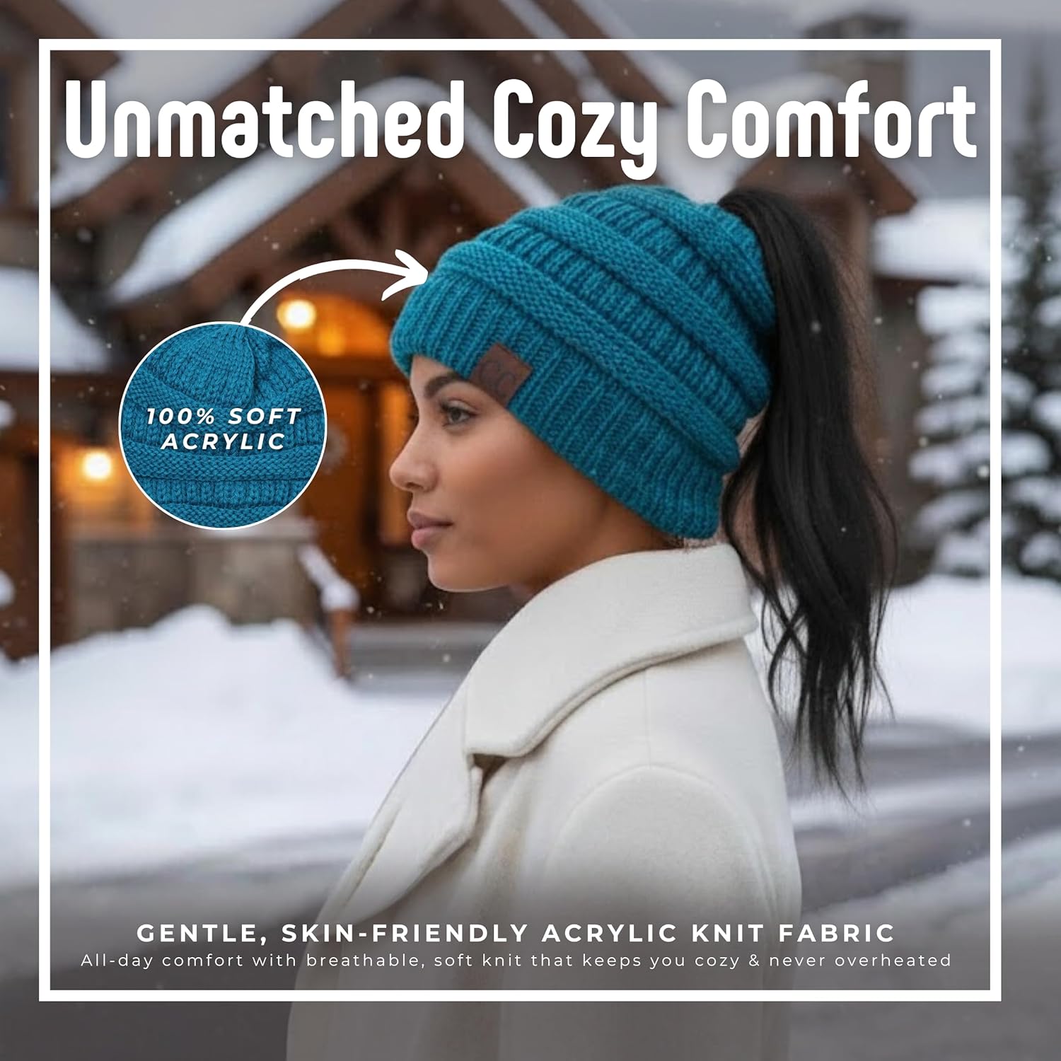 Funky Junque Ponytail Beanie for Women - Winter Ponyback Hat Soft Stretch Cable Knit High Pony Tail Womens Running Hats - Image 4