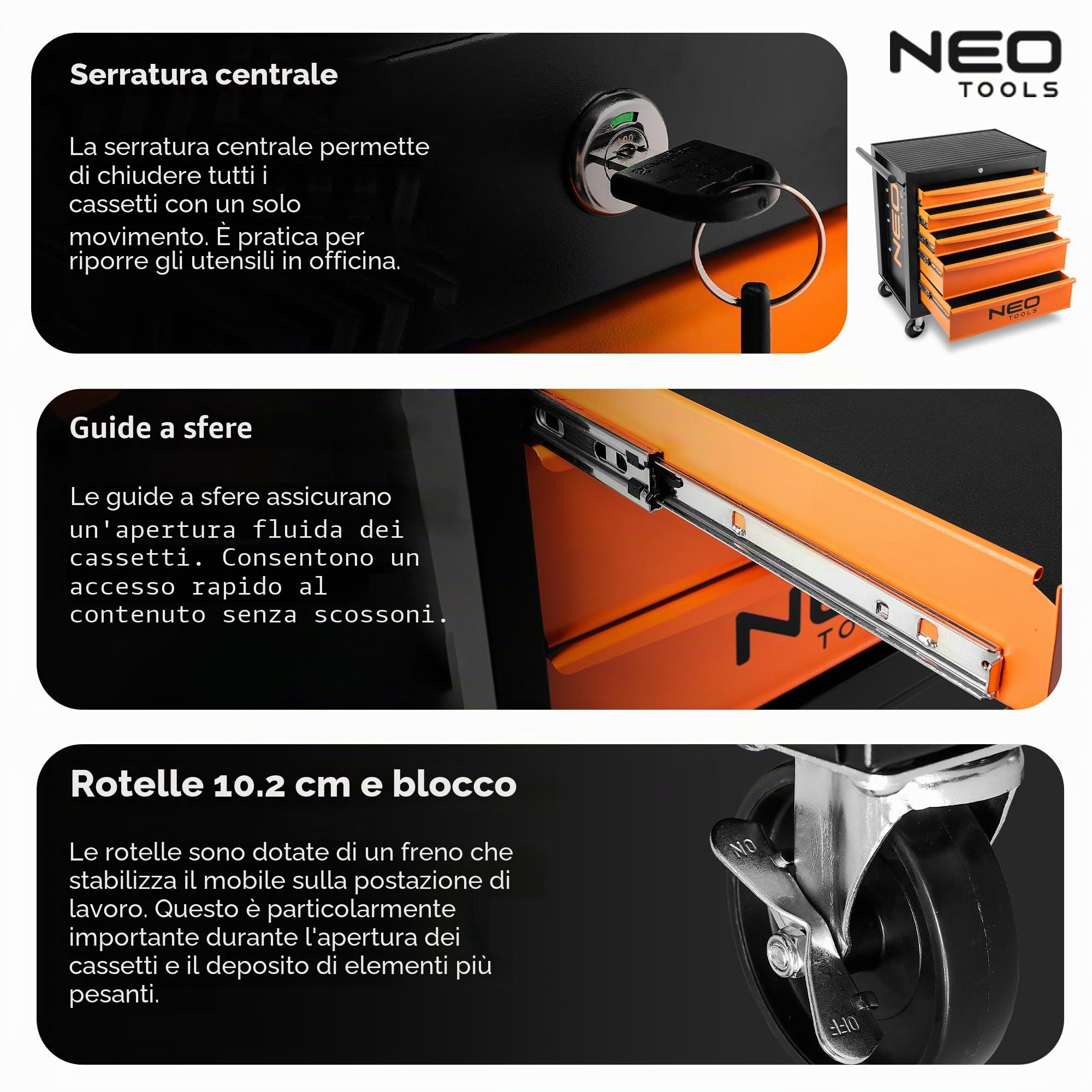 NEO TOOLS Carrello da officina con 5 scomparti – Cassetti con cuscinetti a sfera – Chiusura centralizzata – Tappetino antiscivolo – Ruote girevoli – con freno di stazionamento – Carrello portautensili