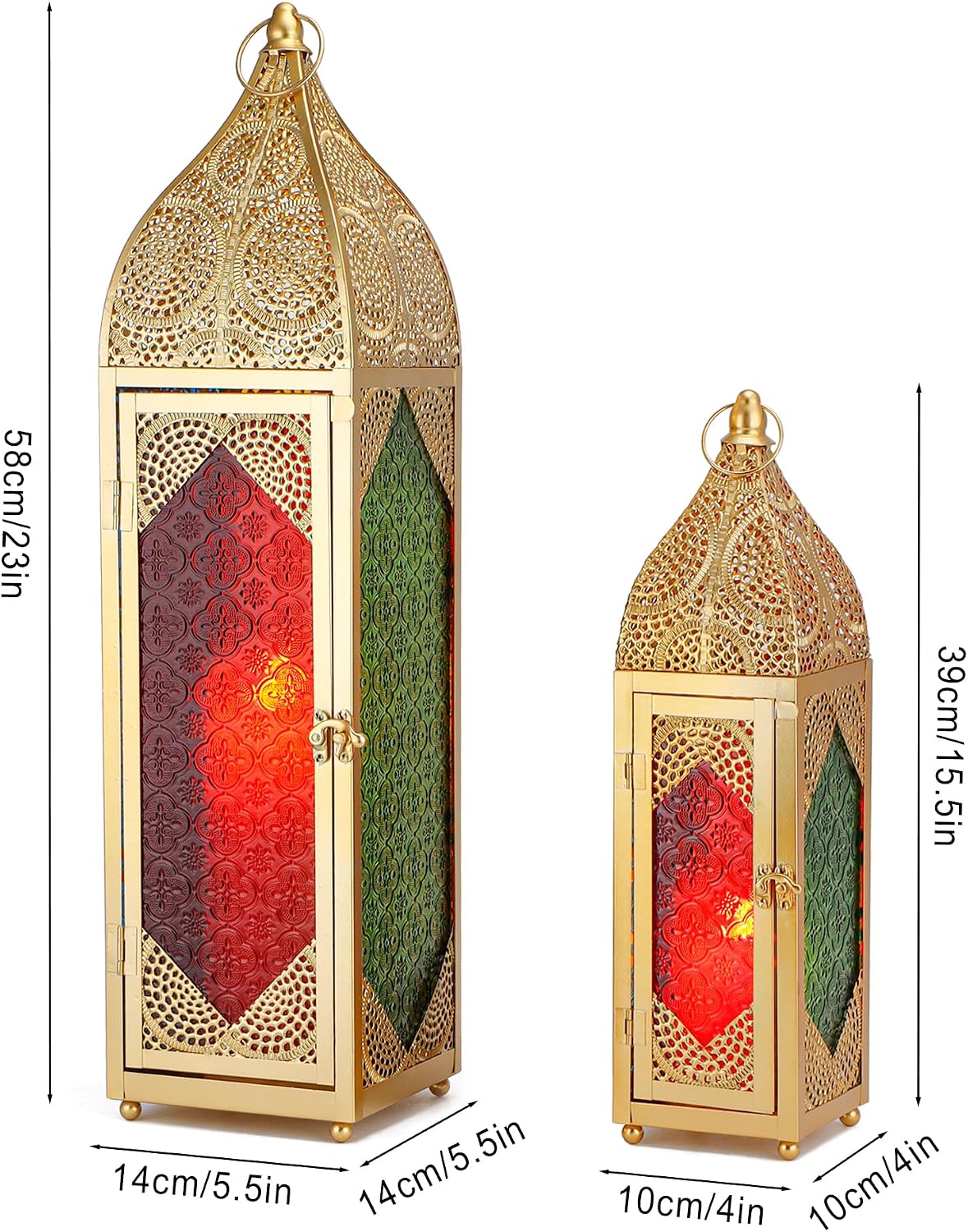 TRIROCKS Set of 2 Moroccan Candle Lanterns 23''&15.5'' H Decorative Candle Holder Hanging Lanterns with Embossed Colored Tempered Glass Ramadan Decorations for Home Outdoor Indoor Patio Weddings(Gold)