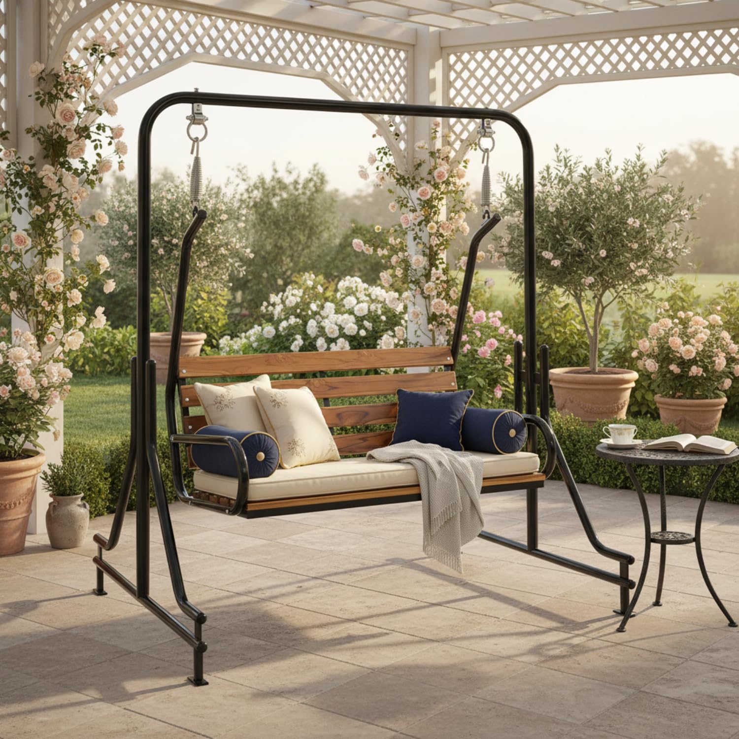 Kaushalendra Indoor Teak Wood Swing - Balcony Room Jhula with Iron Pipe, 2 Seater, 117 cm