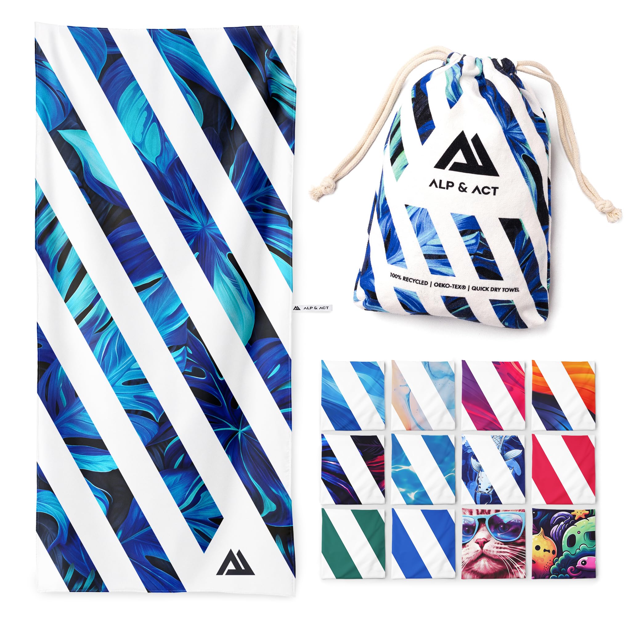 ALP & ACT Strandtuch XXL 200x90 cm - 100% recycelte Mikrofaser - EXTRA LEICHT & schnelltrocknend - großes Microfaser Handtuch für Urlaub & Strand - Badetuch inkl. Baumwollbeutel - blau grün