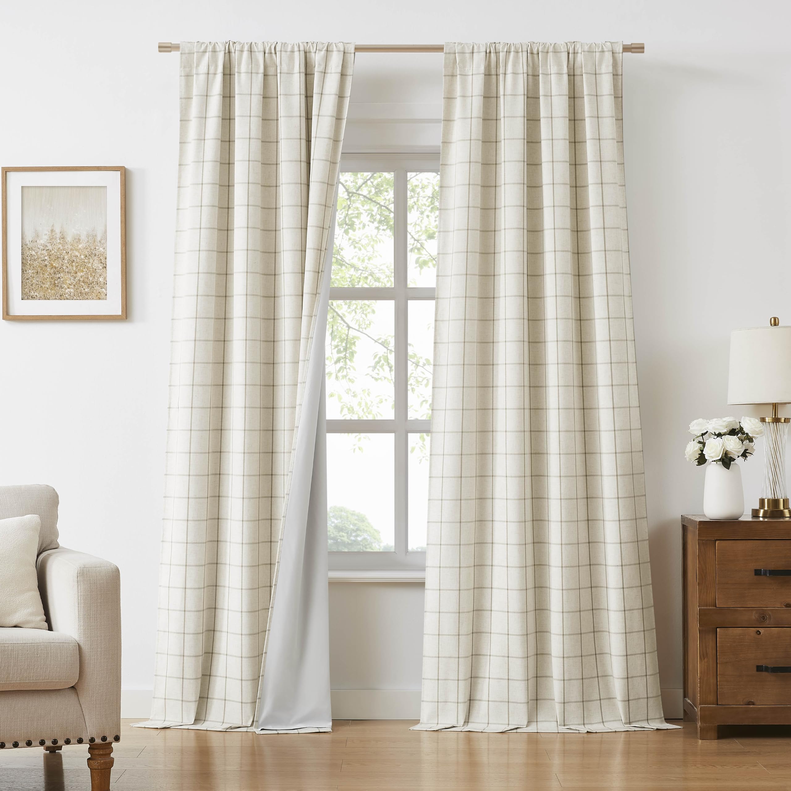 Bapawfish Natural Linen Plaid Full Blackout Curtains 95 Inch for Bedroom
