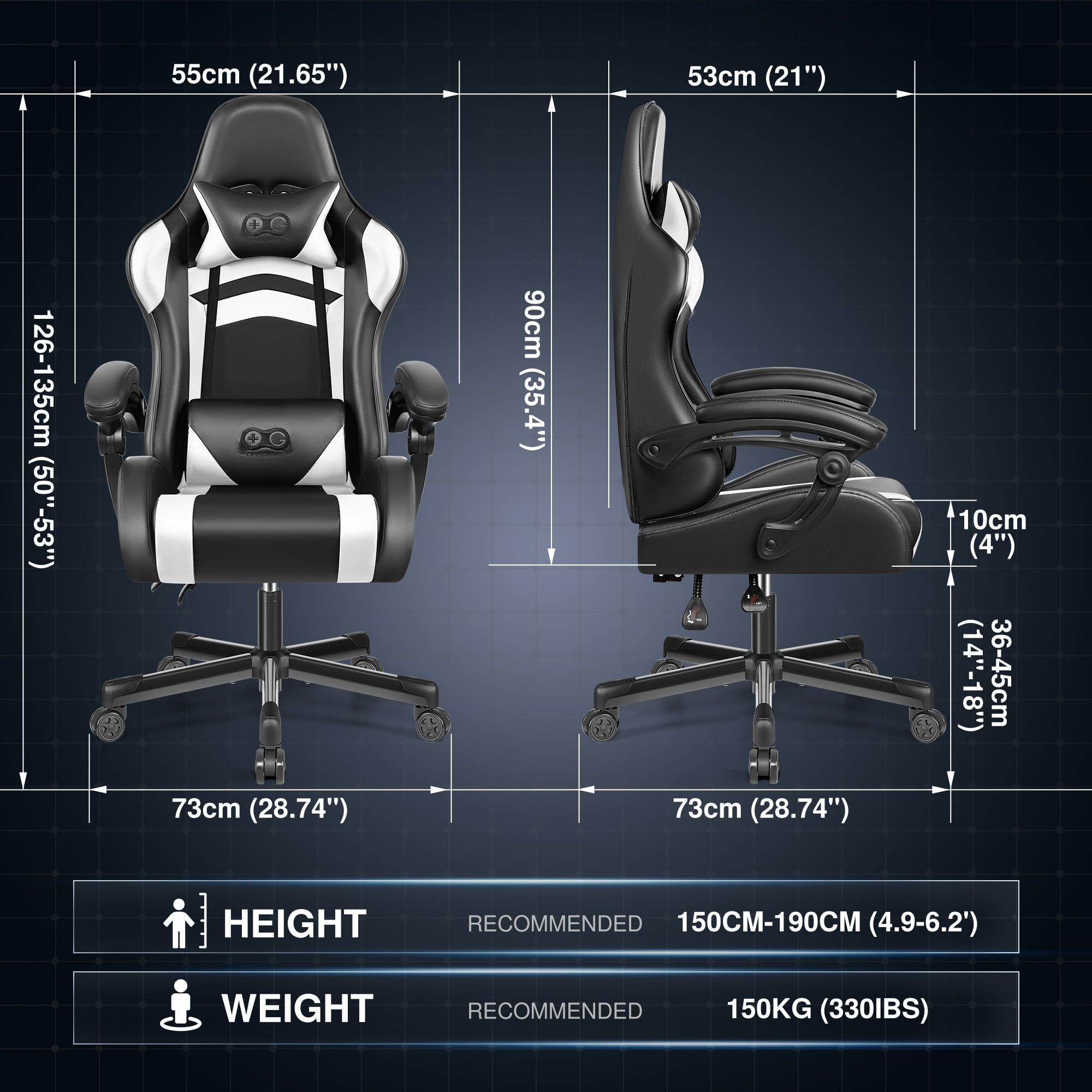 OneGame Sedia Gaming Ergonomica, Schienale Alto Sedia da Gioco per Computer, Regolabile in Altezza, Stile Racing Gioco Ufficio con Poggiatesta Supporto Lombare, Bianco