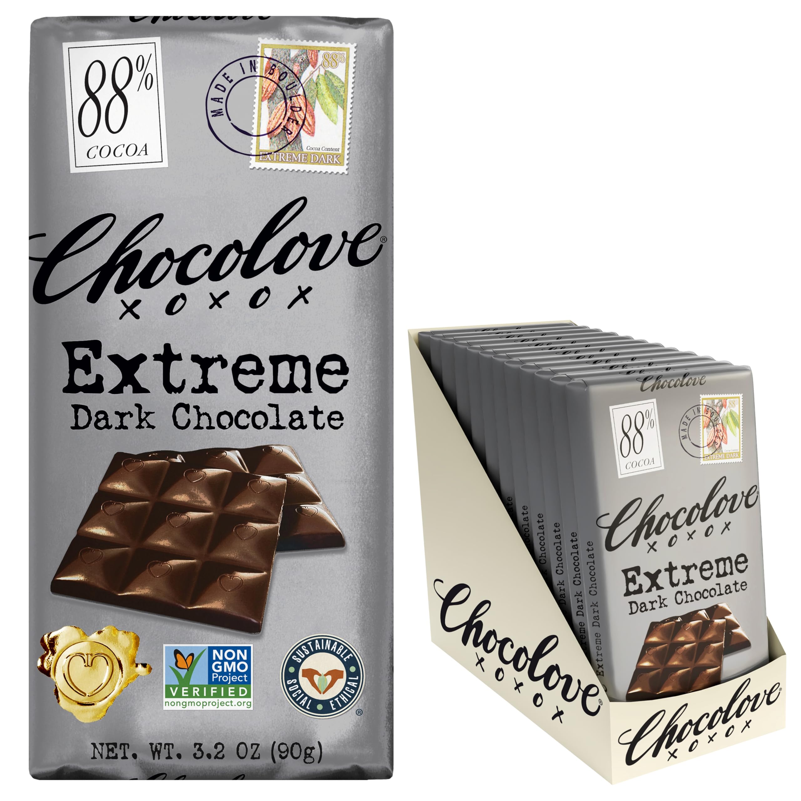 Chocolove Extreme Dark Chocolate Bars | 88% Cocoa | Rich and Intense Flavor | Made with Premium Belgium Dark Chocolate | Non-GMO & Gluten-Free, 3.2 oz Bar (12 Pack)