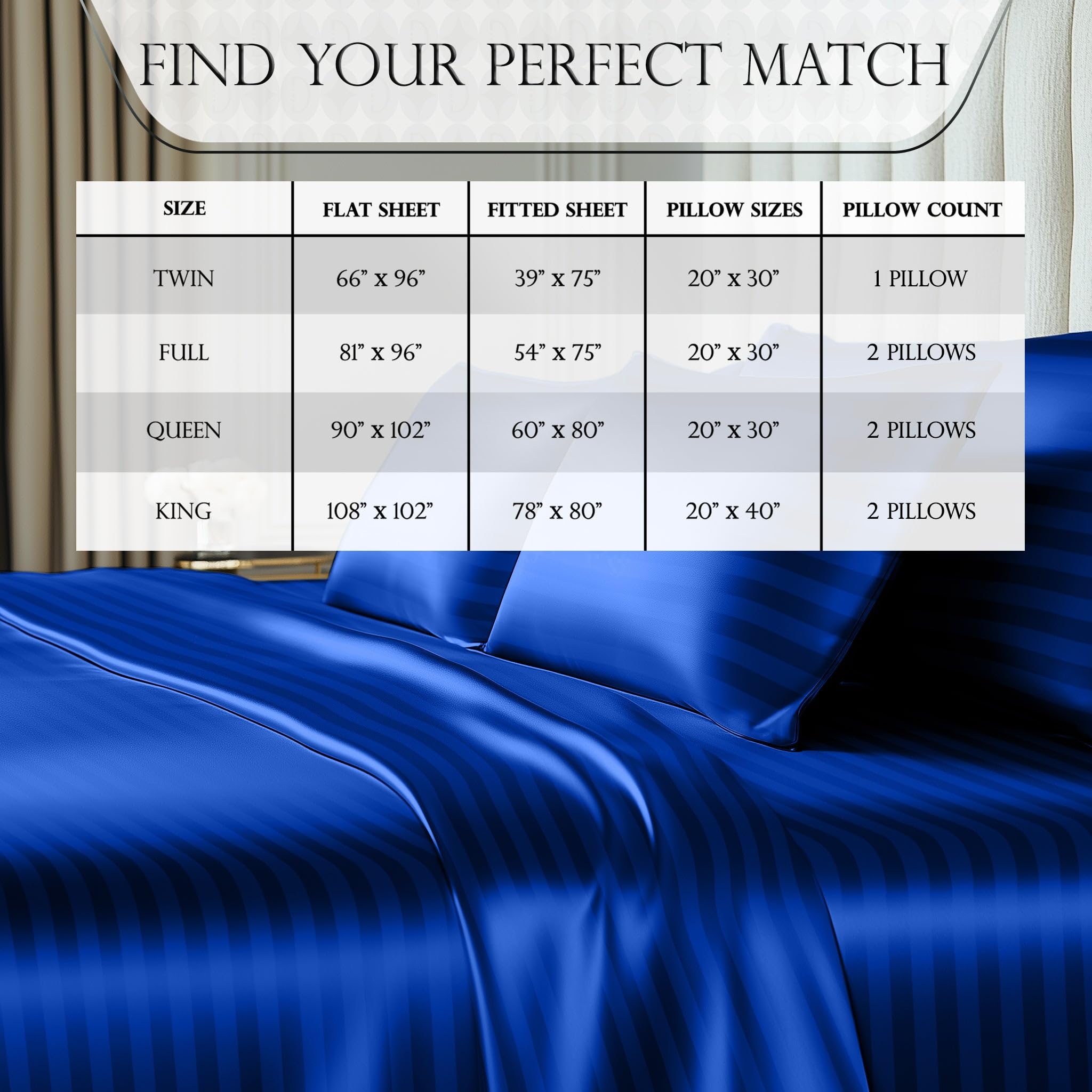 DECOLURE, Juego de ropa de cama sedosa de satén de lujo de 4 piezas, sin arrugas, con sábana bajera de 40 cm de profundidad, perfecto para cabello y piel, tamaño king, regalos para mujer, rayas azules