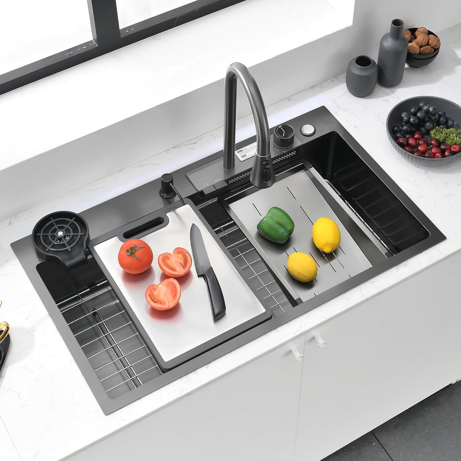 Ribanedy 26" x 19.7" Black-Gray Waterfall Kitchen Sink, Drop In Stainless Steel Modern Single Bowl Sink with Pull-Out Spray Faucet, Cup Washer & Accessories Black gray+button+sink grid 26" x 19.7"