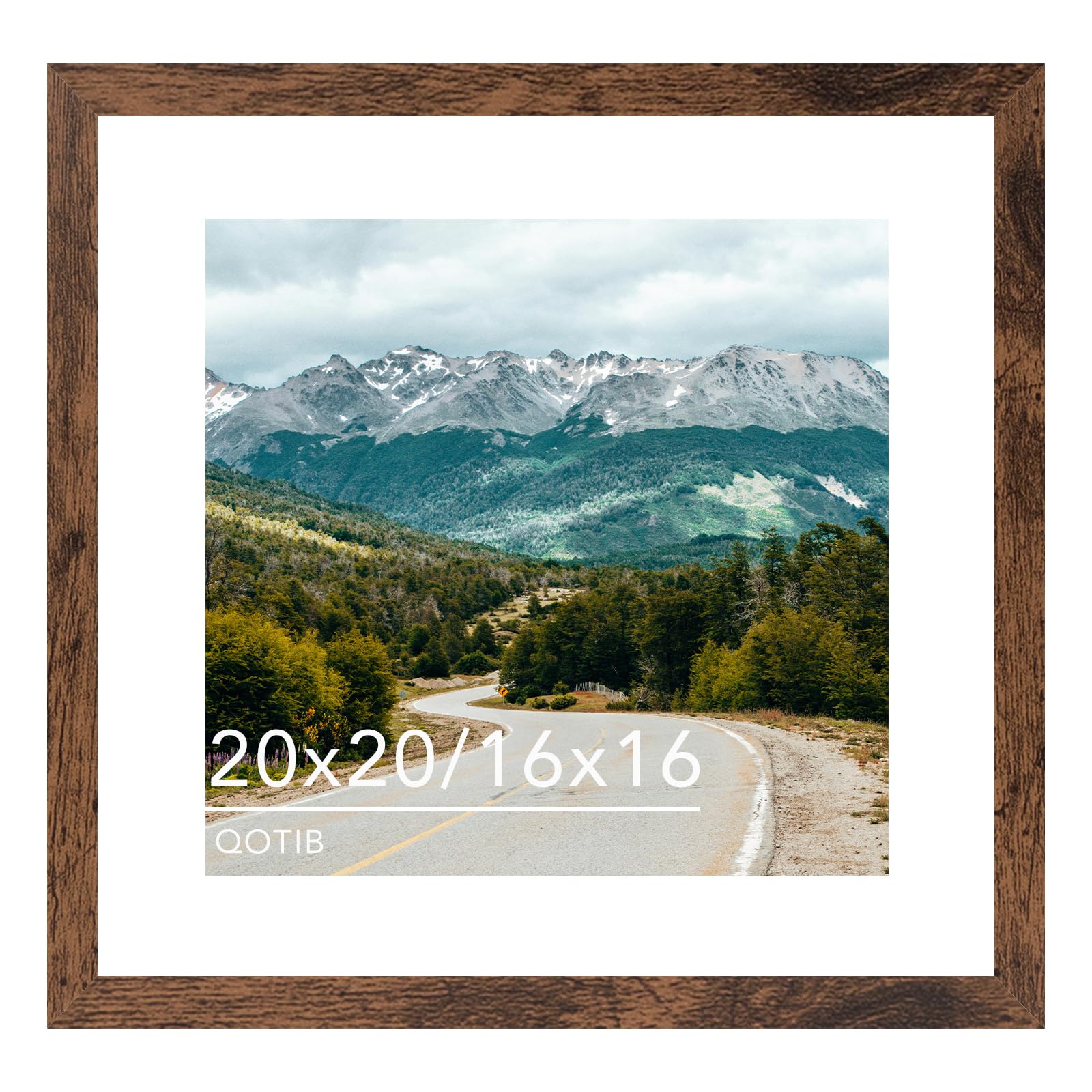 QOTIB Wood 20x20 Picture Frame with 16x16 Mat Deep Brown, Display 16x16 with Mat or 20x20 without Mat, Wood 20 by 20 Photo Frame, 20 x 20 Frame for