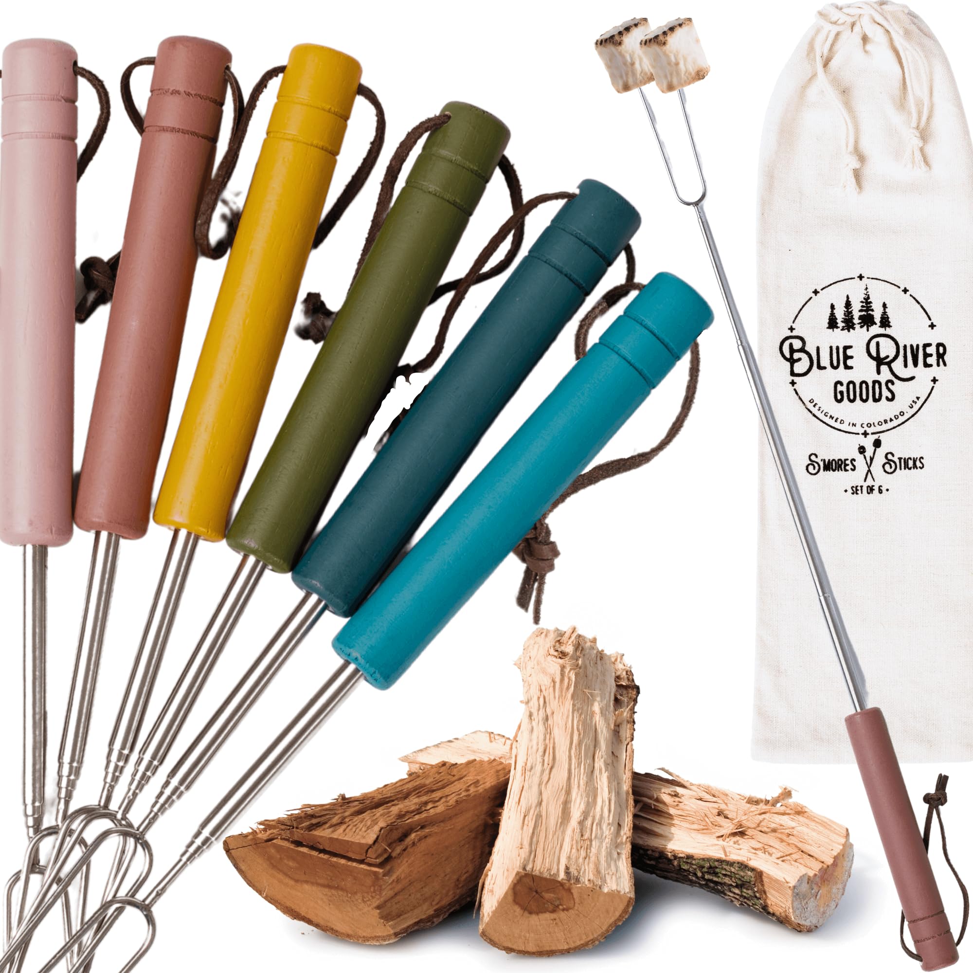 Smores Sticks | Set of 6 Marshmallow Roasting Sticks in Boho Colors | Extendable Stainless Steel w/Solid Wood Handles | Smore Sticks for Marshmallow