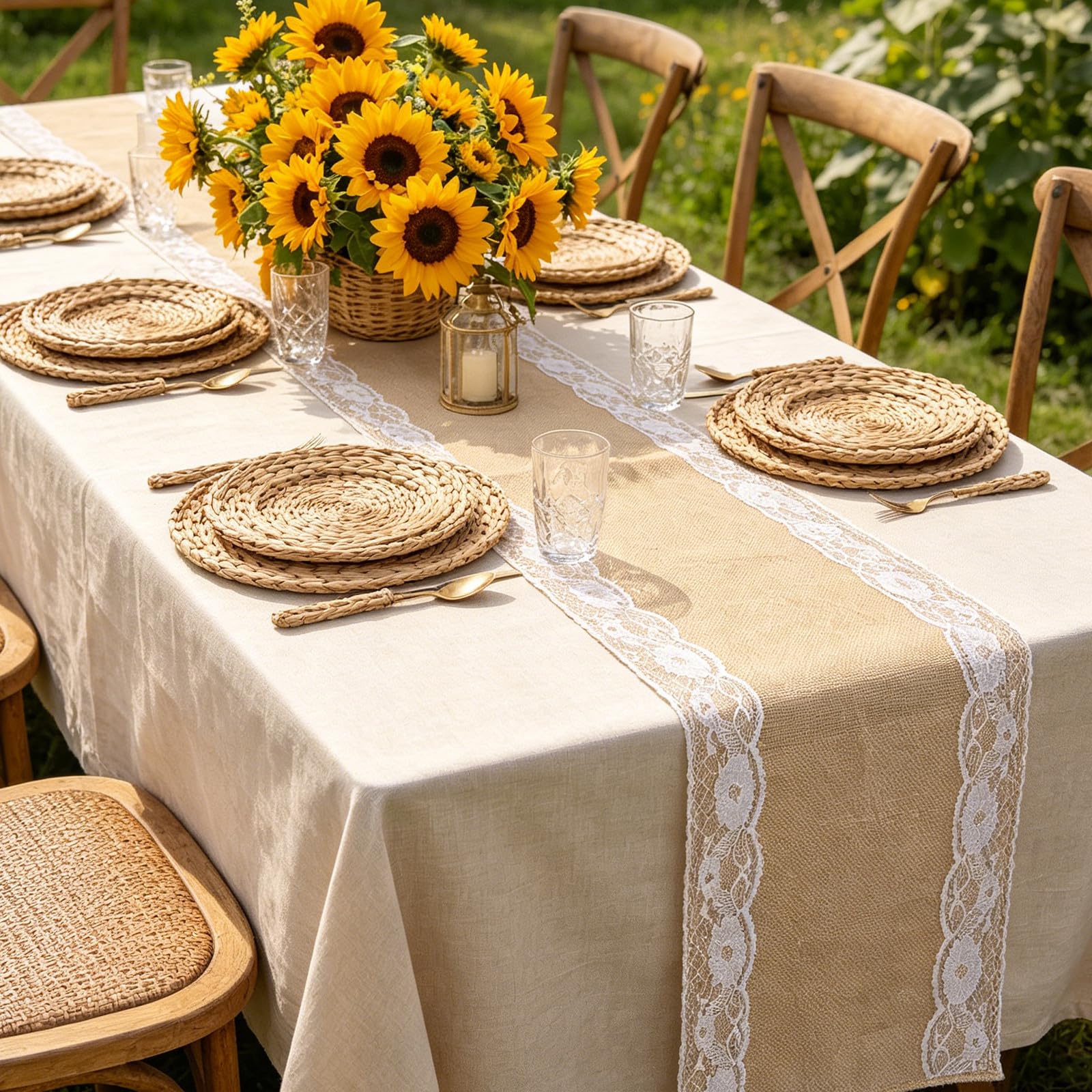 VOSAREA 12 Pièces Chemin de Table et Résistant Déformation en Lin Rustique 30 X 178 Cm Bordure Blanche, Lavable en Machine pour Mariage et Réception