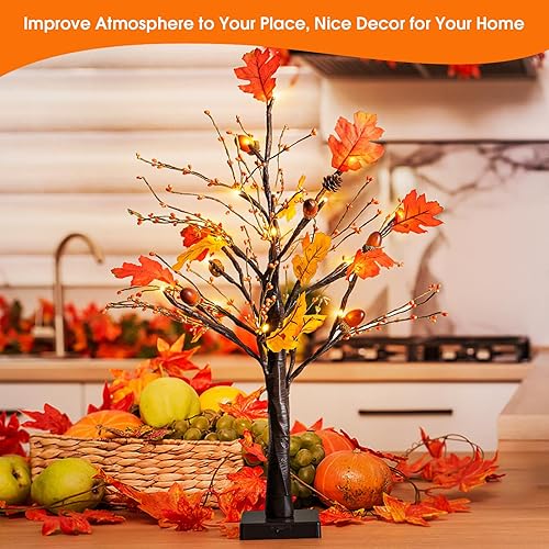 Miniatura 7 de Ethlomoer Árbol de arce artificial de 24 pulgadas con luces para decoraciones de otoño, 24 luces LED preiluminadas para Acción de Gracias, centros