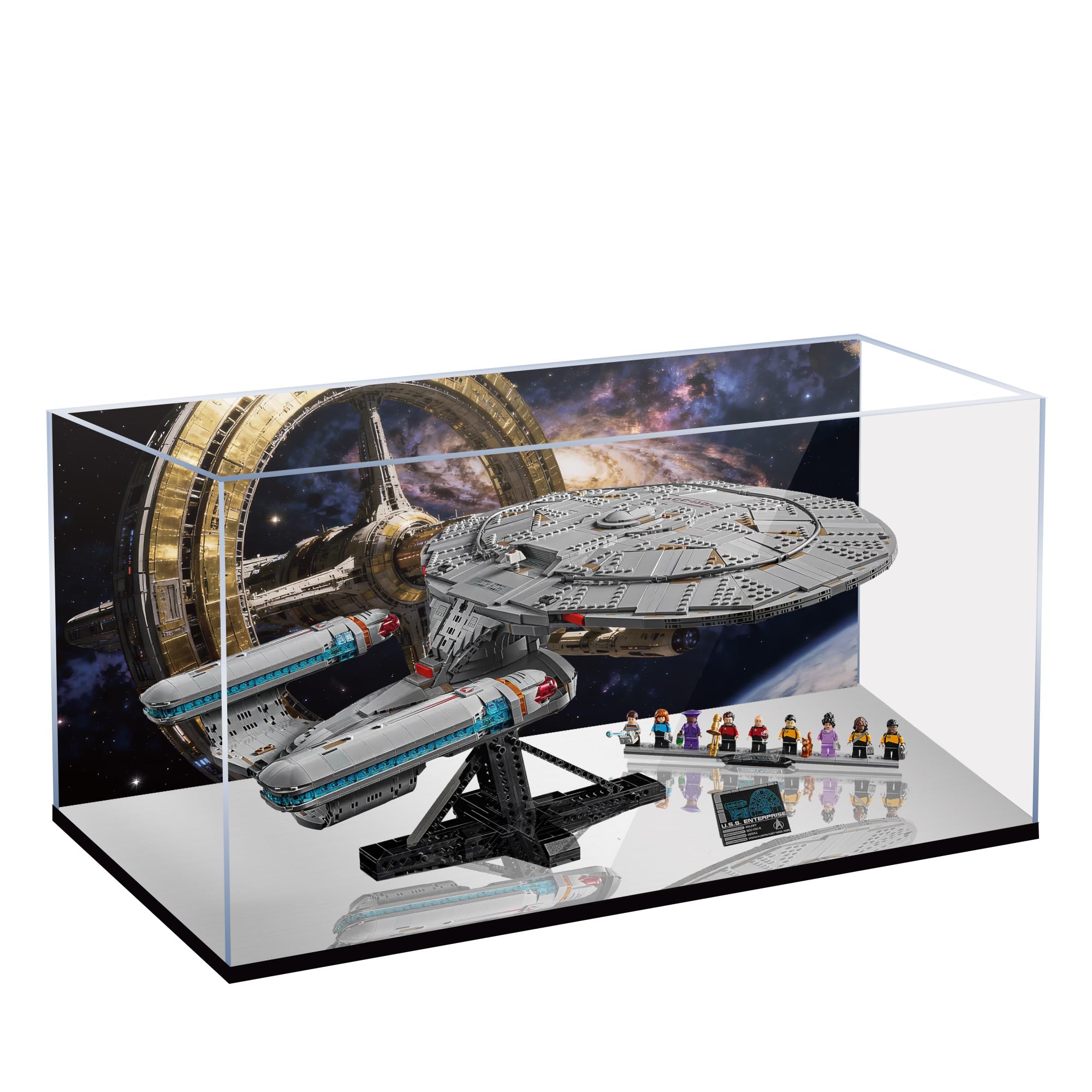 Acrylic Display Case for Lego 10356 Star Trek Starship Enterprise Building Set, Dustproof Transparent Box - Only Display Case, Display Box Compatible with Lego 10356 (Back Spray+Mirror A)