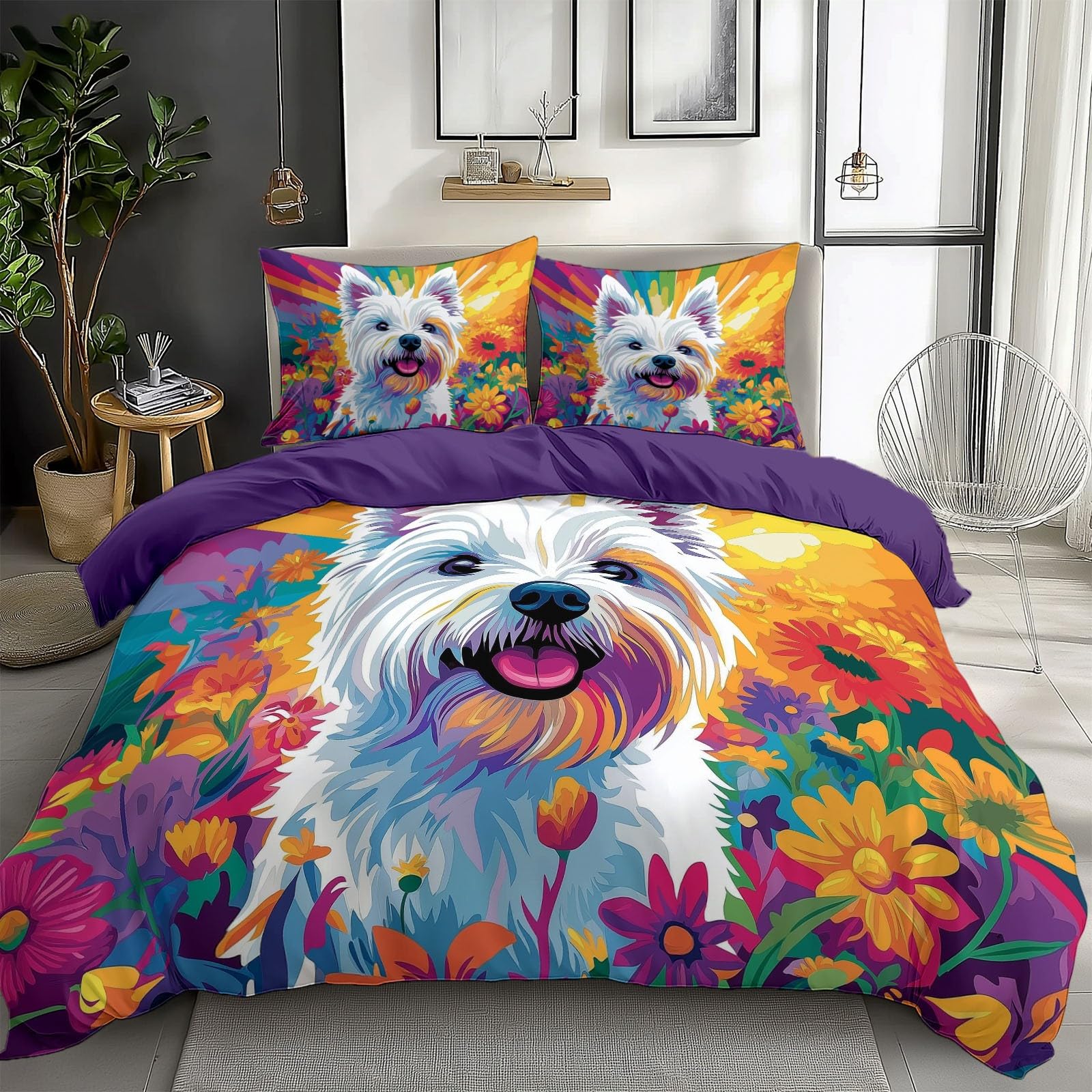Duvet Cover Twin Size Painted Animal Dog Flowers Bedding Duvet Cover Set Room Decor Bedspread Cover Comforter Cover for Kids Teens, Quilt Cover 3D Bedding Set