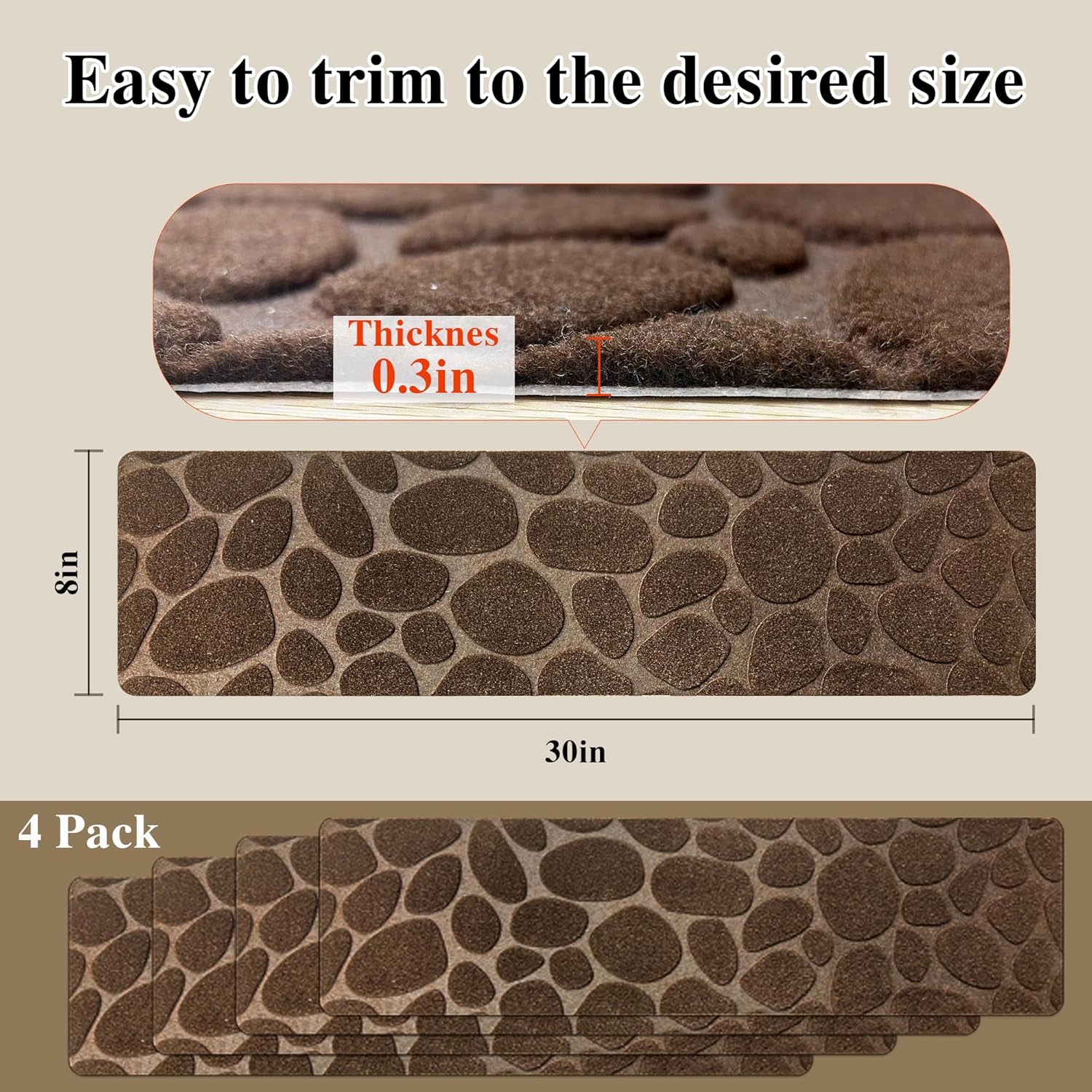 Self Adhesive Residue Free Machine Washable Reusable Stair Treads Non Slip Steps - 100% Polyester Heavyduty TPE Backing Wooden Stair Runner Indoor - 4 Pack 30"X8" Anti Slip Mats - Stone Coffee